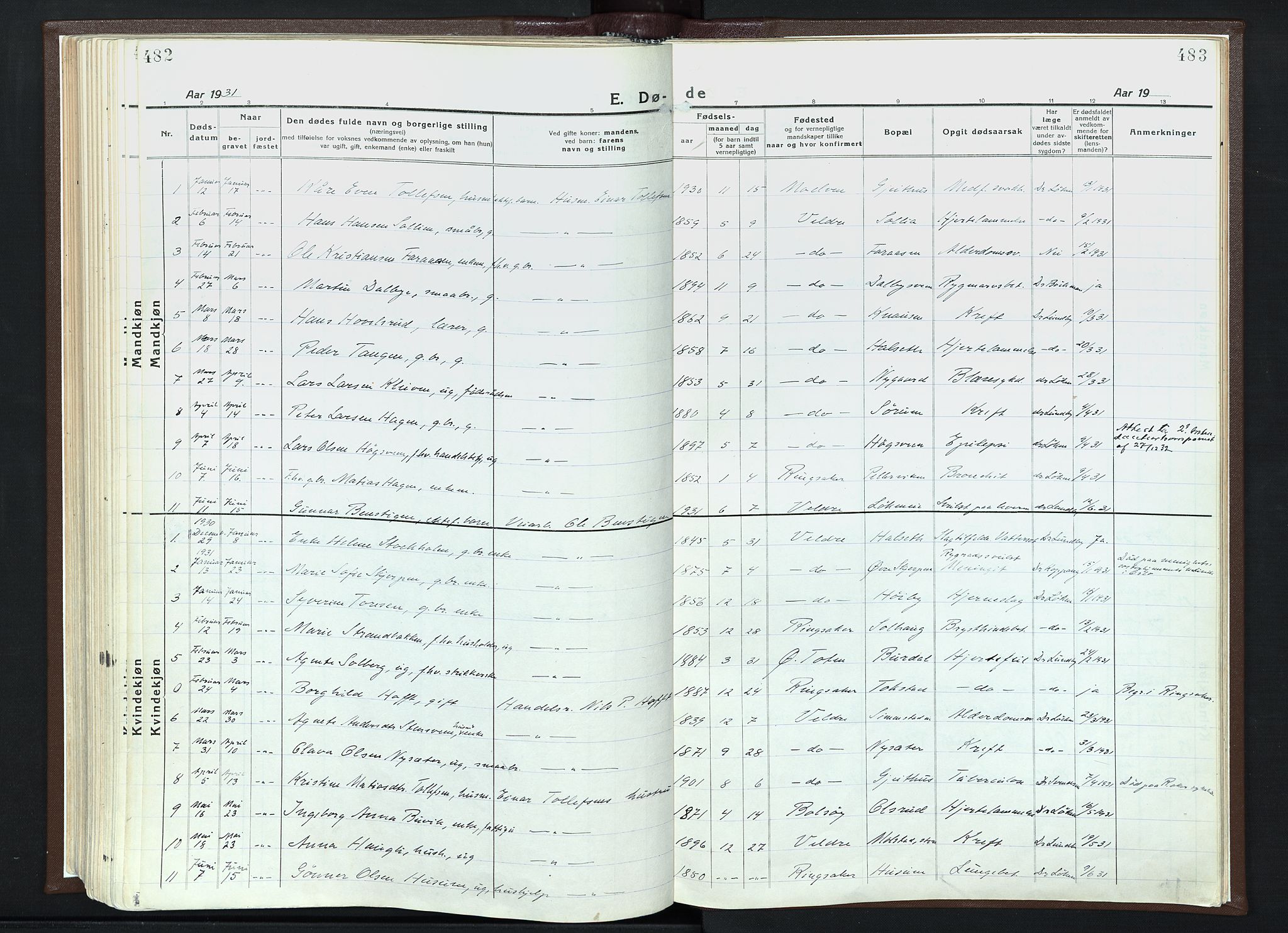 Veldre prestekontor, SAH/PREST-018/K/Ka/L0001: Ministerialbok nr. 1, 1921-1934, s. 482-483