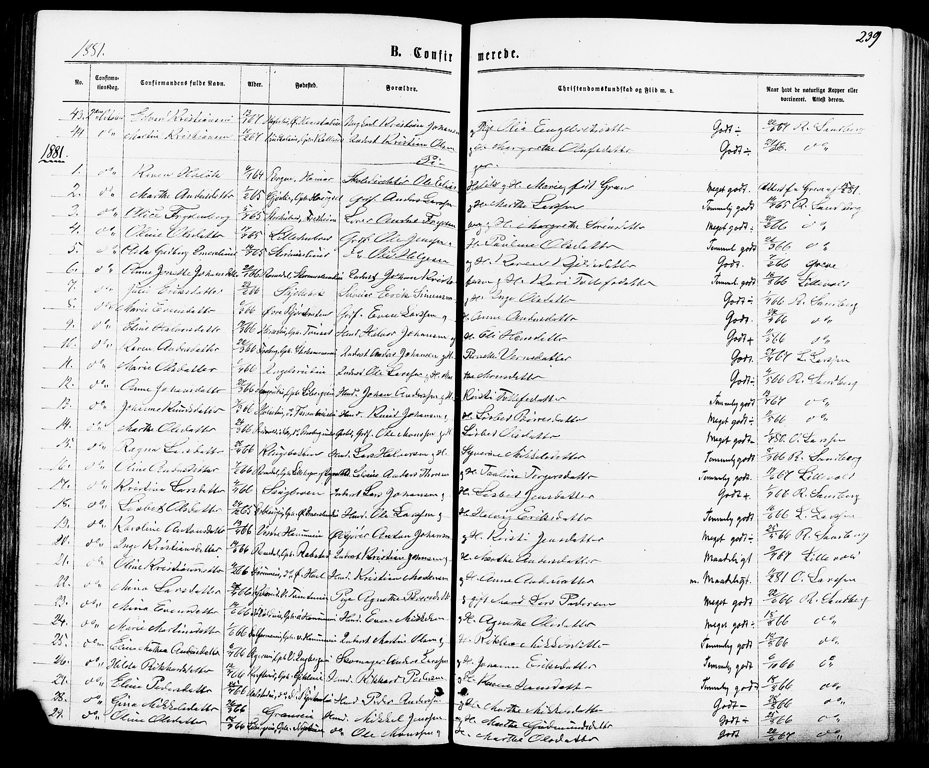 Vang prestekontor, Hedmark, AV/SAH-PREST-008/H/Ha/Haa/L0015: Ministerialbok nr. 15, 1871-1885, s. 239