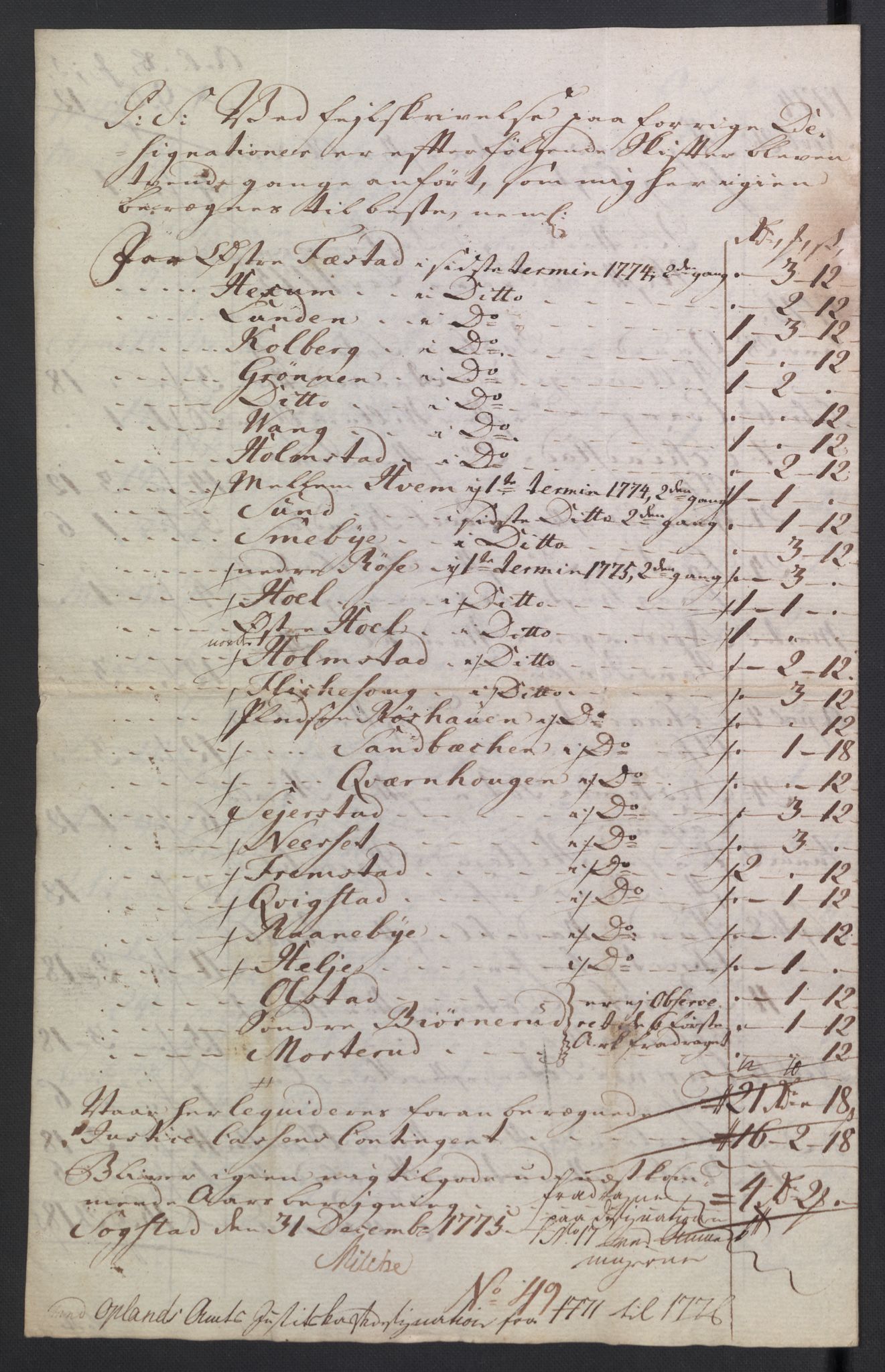 Rentekammeret inntil 1814, Reviderte regnskaper, Mindre regnskaper, RA/EA-4068/Rb/L0014: Opplands amt, 1771-1779, s. 95