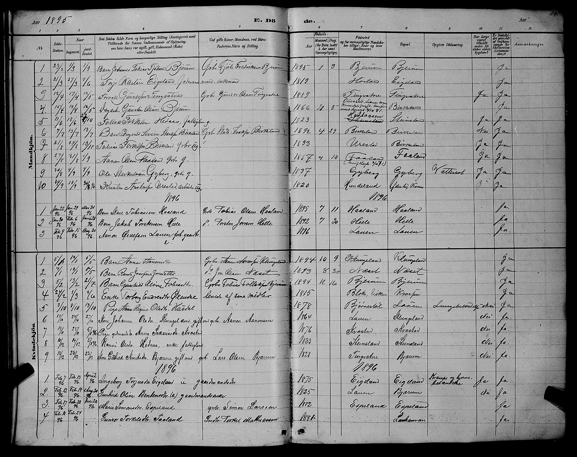 Hægebostad sokneprestkontor, AV/SAK-1111-0024/F/Fb/Fba/L0003: Klokkerbok nr. B 3, 1883-1896, s. 114