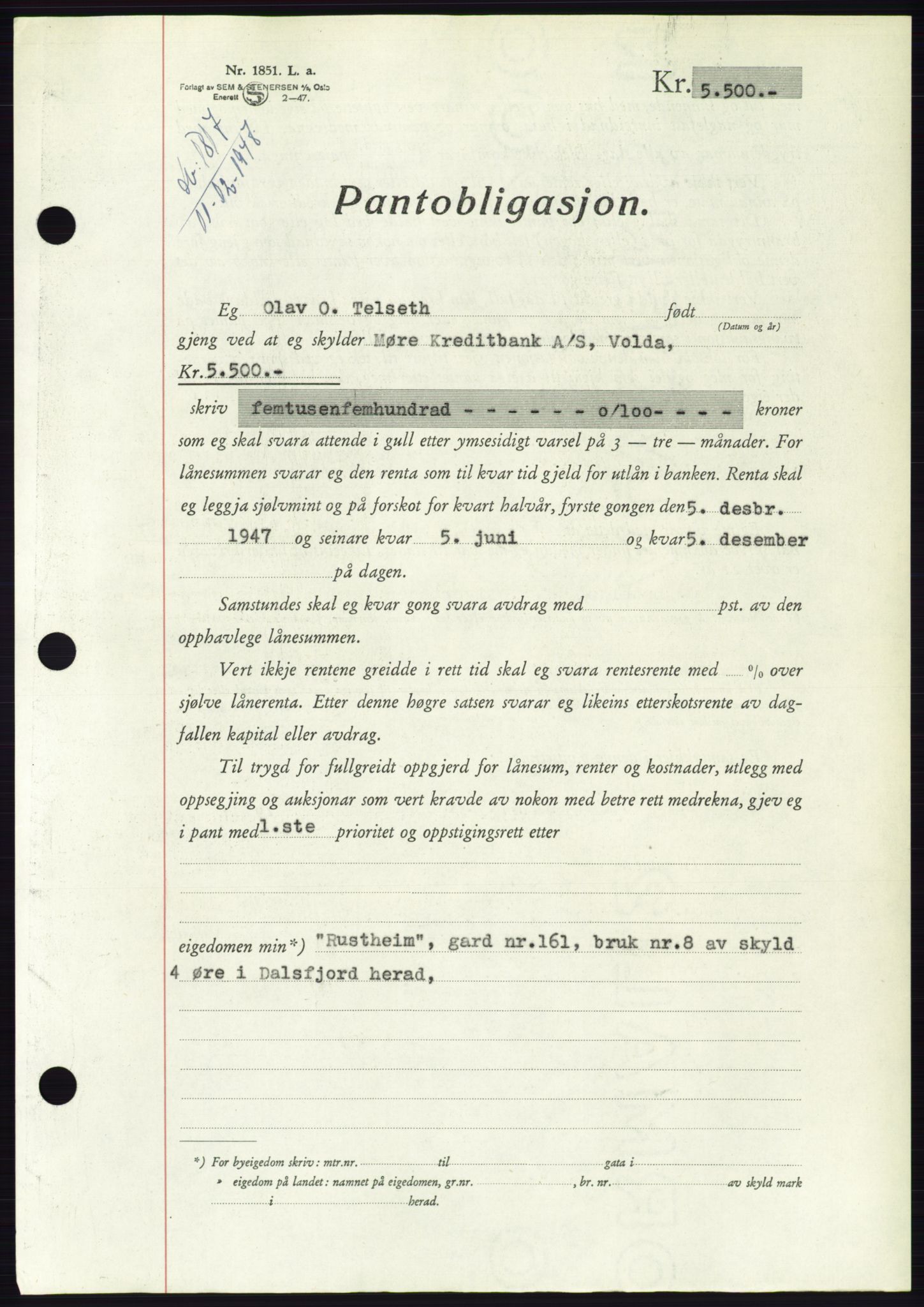 Søre Sunnmøre sorenskriveri, AV/SAT-A-4122/1/2/2C/L0115: Pantebok nr. 3B, 1947-1948, Dagboknr: 1817/1947