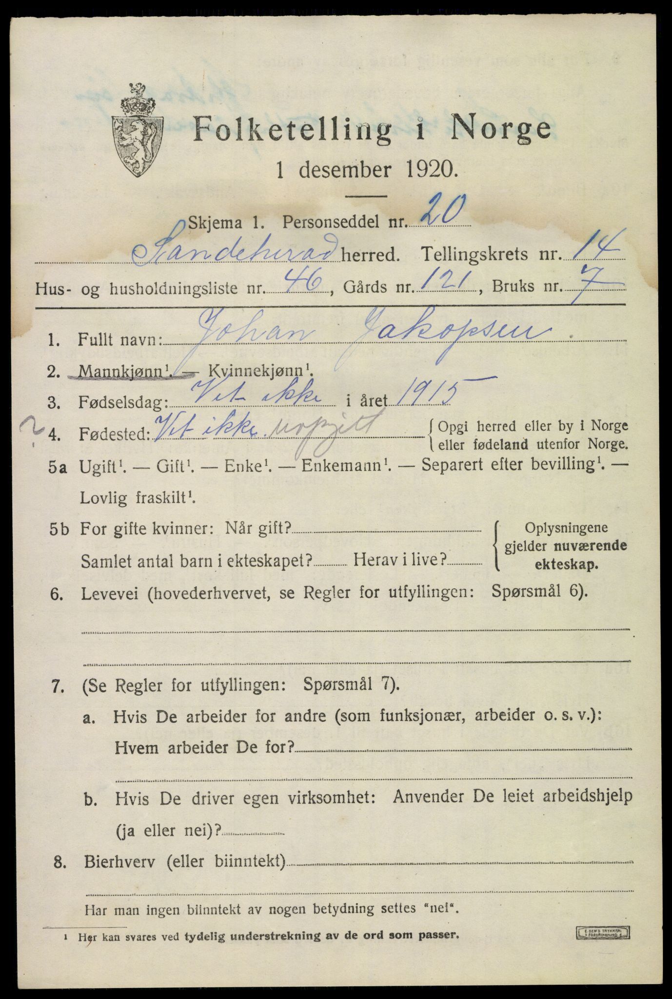 SAKO, Folketelling 1920 for 0724 Sandeherred herred, 1920, s. 20854