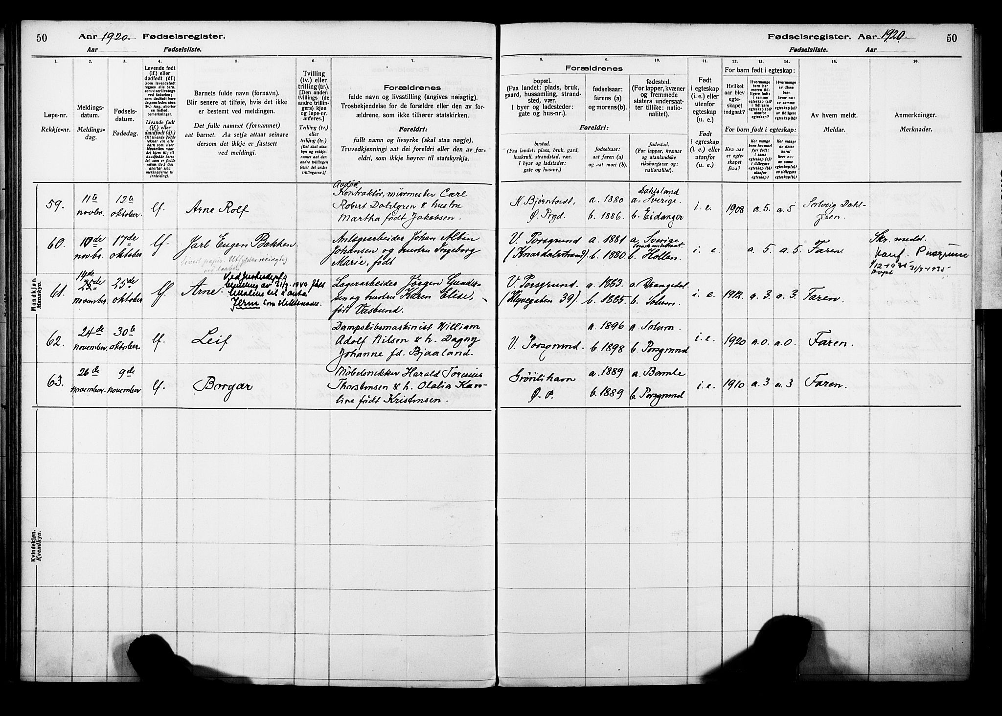 Porsgrunn kirkebøker , AV/SAKO-A-104/J/Ja/L0001: Fødselsregister nr. 1, 1916-1929, s. 50