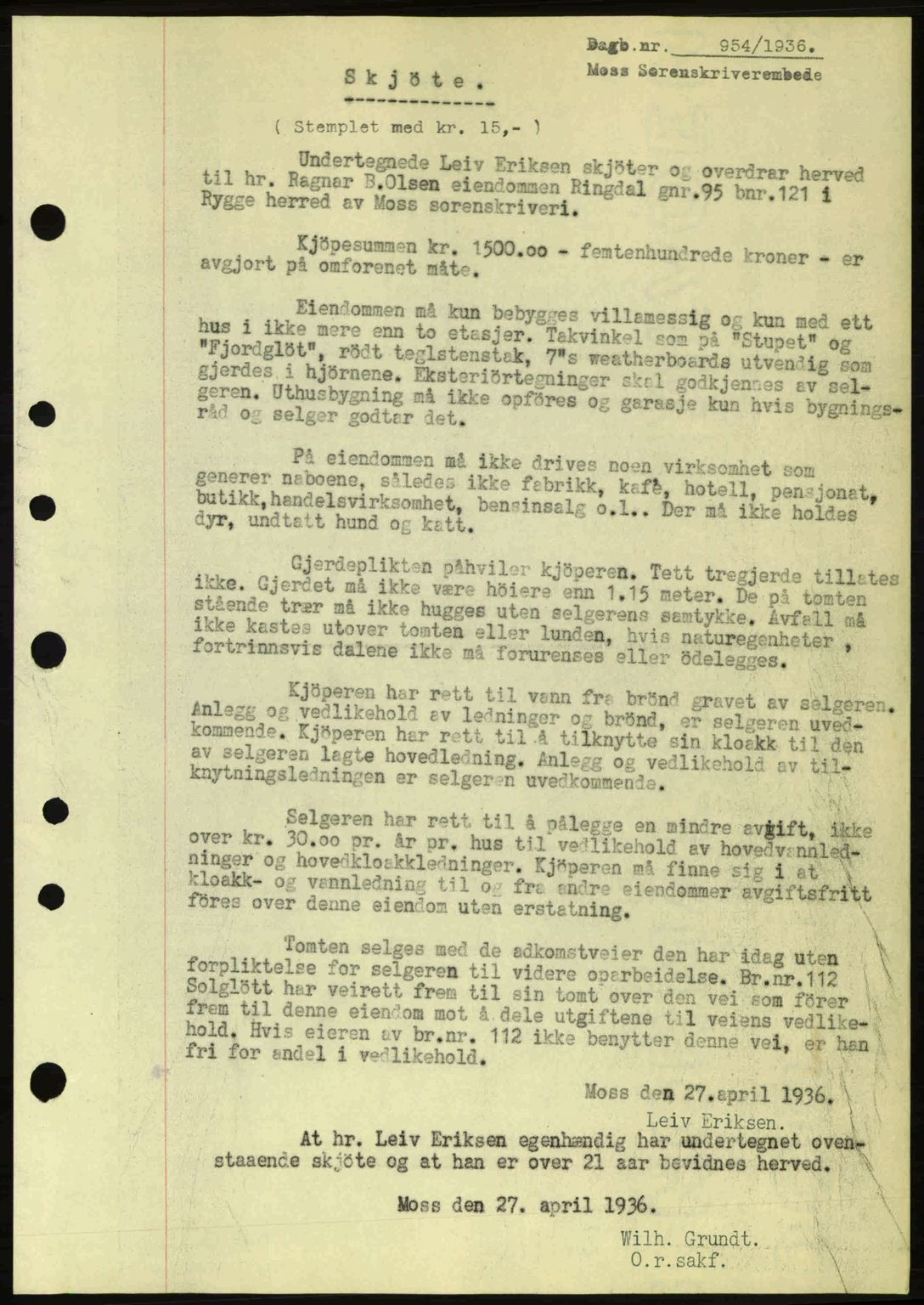 Moss sorenskriveri, SAO/A-10168: Pantebok nr. A1, 1936-1936, Dagboknr: 954/1936