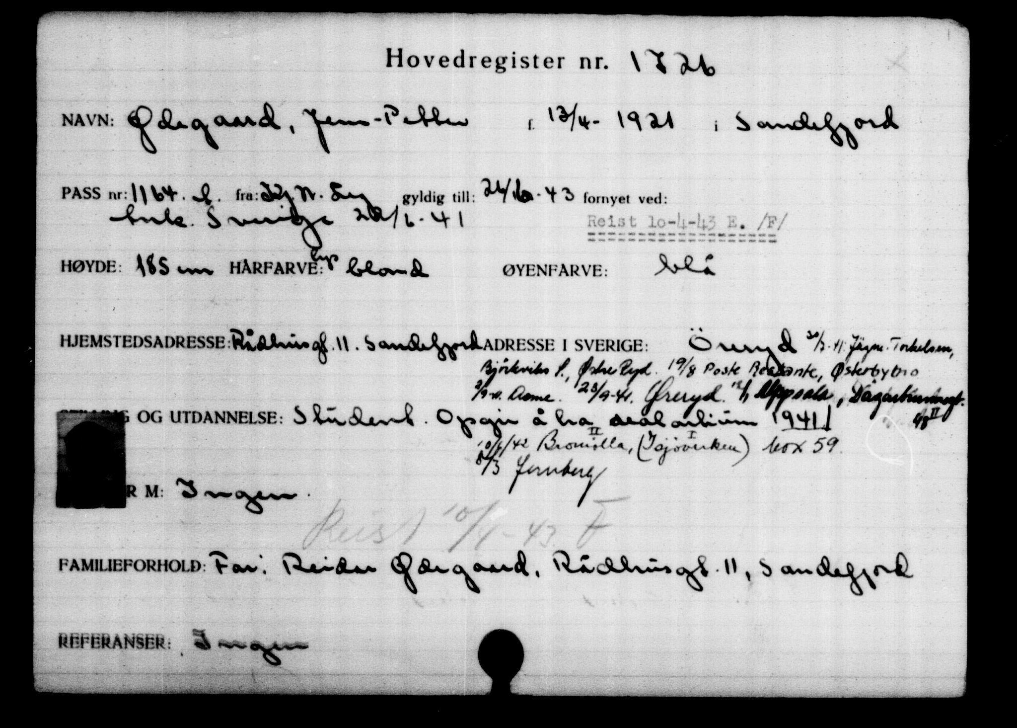 Utenriksstasjonene, Legasjonen i Stockholm, Flyktningkontoret, AV/RA-S-6753/V/Va/L0002: Kjesäterkartoteket, flyktninger med registreringsnr. 1001-2000, 1940-1945, s. 1034