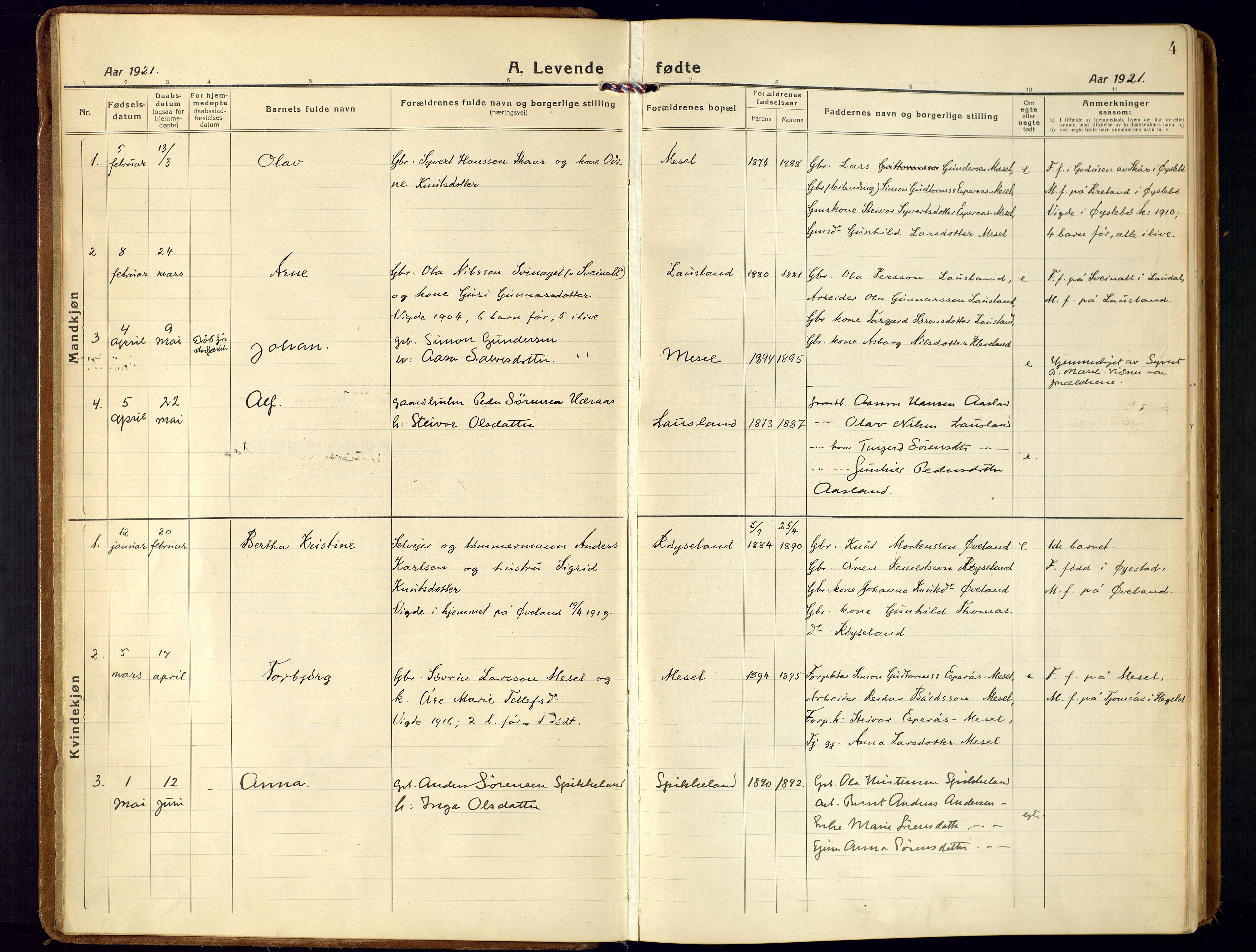 Bjelland sokneprestkontor, AV/SAK-1111-0005/F/Fa/Fab/L0005: Ministerialbok nr. A 5, 1921-1951, s. 4