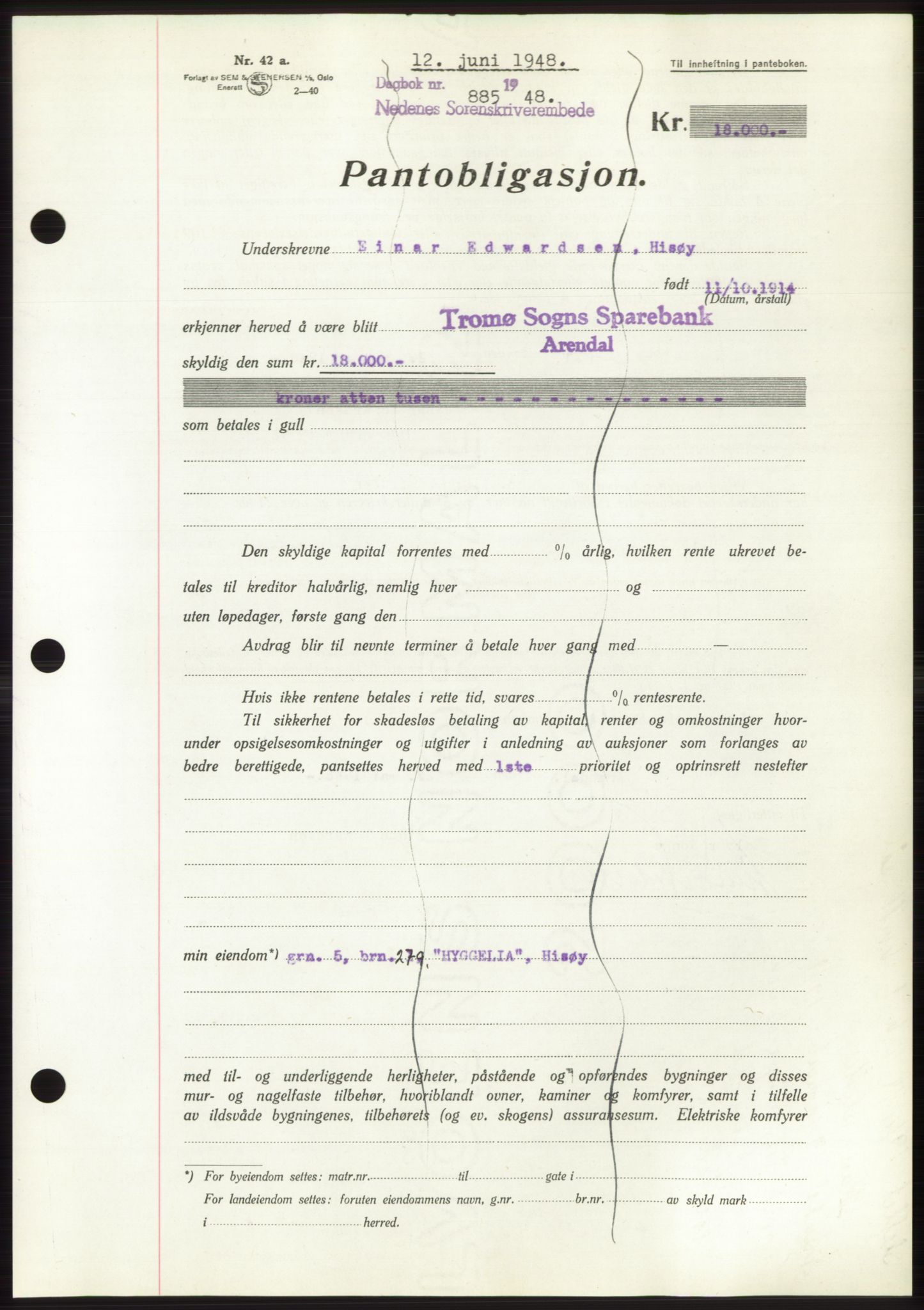 Nedenes sorenskriveri, AV/SAK-1221-0006/G/Gb/Gbb/L0005: Pantebok nr. B5, 1948-1948, Dagboknr: 885/1948