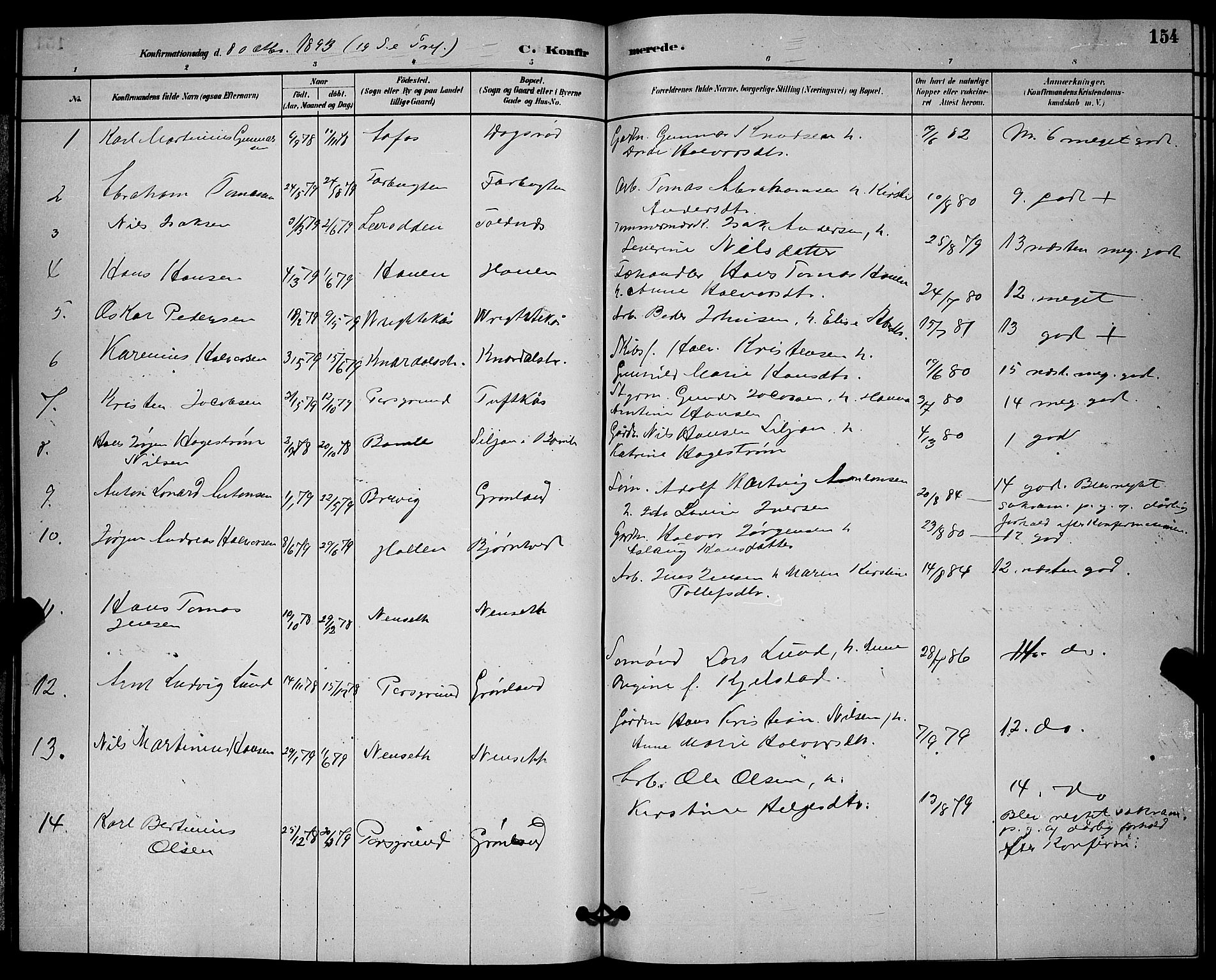 Solum kirkebøker, AV/SAKO-A-306/G/Ga/L0007: Klokkerbok nr. I 7, 1884-1898, s. 154
