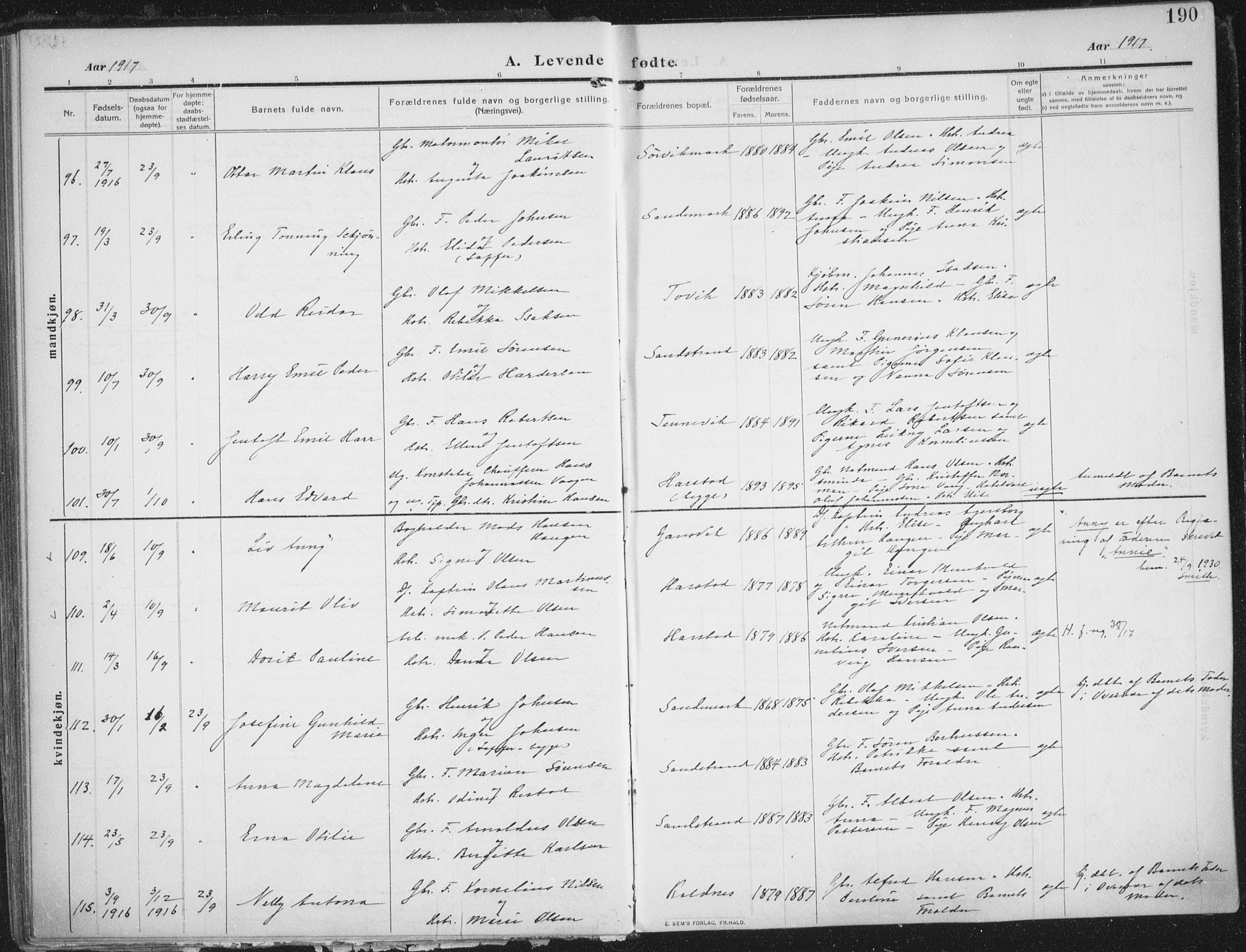 Trondenes sokneprestkontor, AV/SATØ-S-1319/H/Ha/L0018kirke: Ministerialbok nr. 18, 1909-1918, s. 190