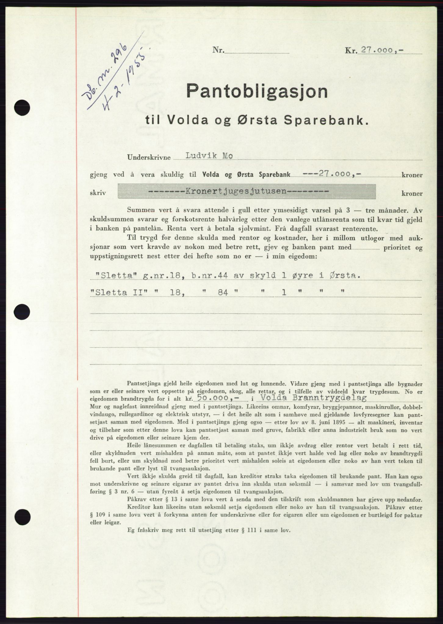 Søre Sunnmøre sorenskriveri, AV/SAT-A-4122/1/2/2C/L0126: Pantebok nr. 14B, 1954-1955, Dagboknr: 296/1955