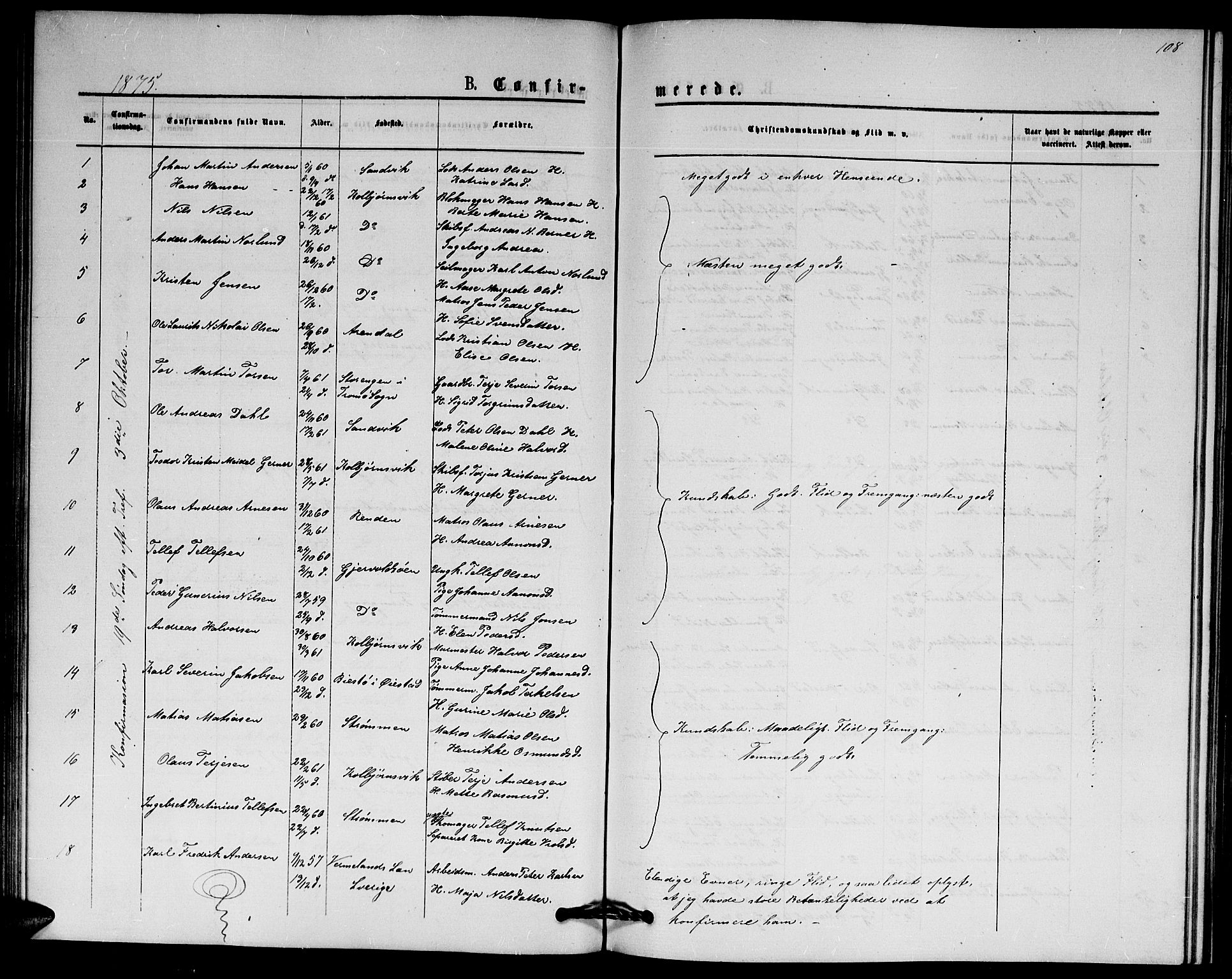 Hisøy sokneprestkontor, AV/SAK-1111-0020/F/Fb/L0002: Klokkerbok nr. B 2, 1873-1885, s. 108
