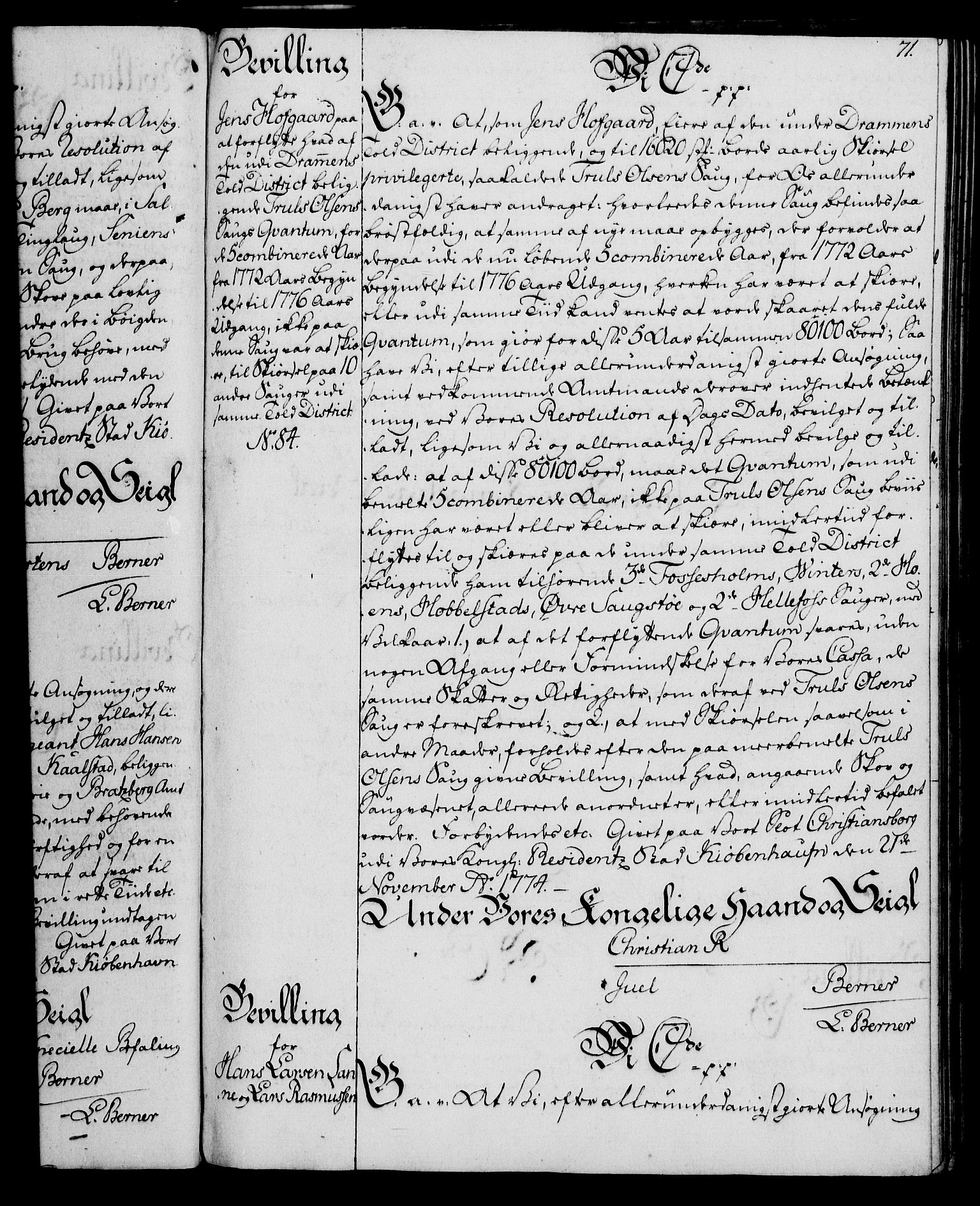 Rentekammeret, Kammerkanselliet, RA/EA-3111/G/Gg/Gga/L0010: Norsk ekspedisjonsprotokoll med register (merket RK 53.10), 1773-1778, s. 71