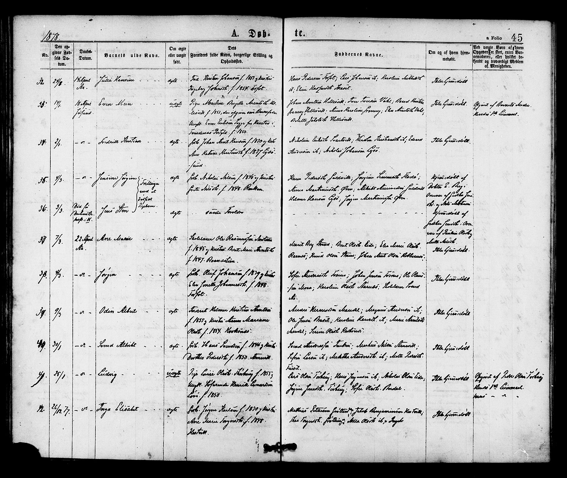 Ministerialprotokoller, klokkerbøker og fødselsregistre - Sør-Trøndelag, SAT/A-1456/655/L0679: Ministerialbok nr. 655A08, 1873-1879, s. 45