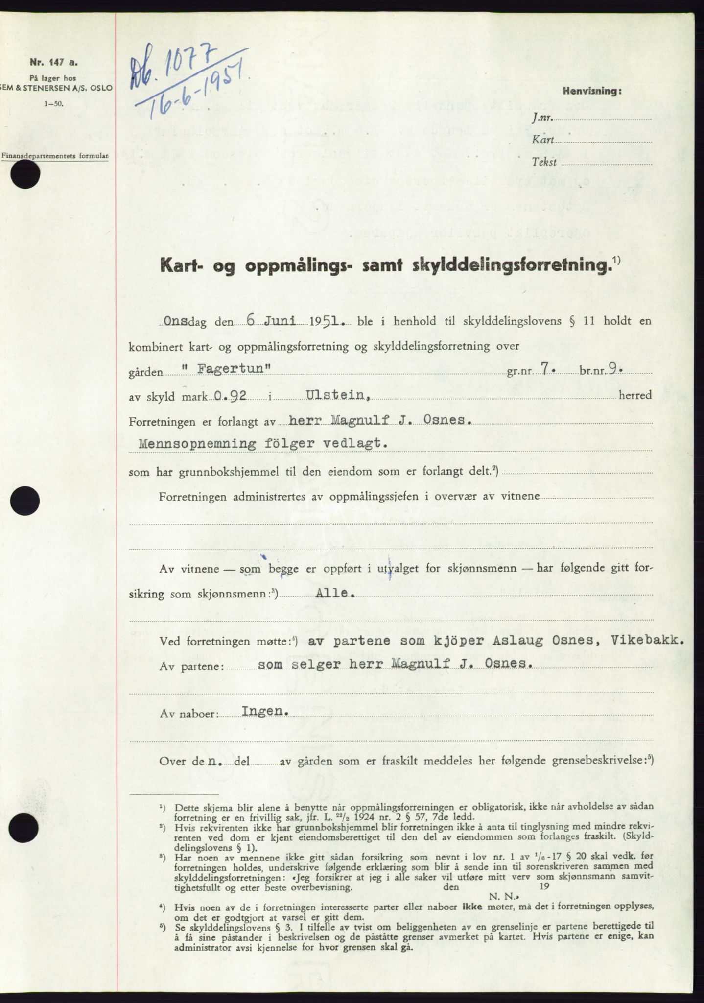 Søre Sunnmøre sorenskriveri, SAT/A-4122/1/2/2C/L0089: Pantebok nr. 15A, 1951-1951, Dagboknr: 1077/1951