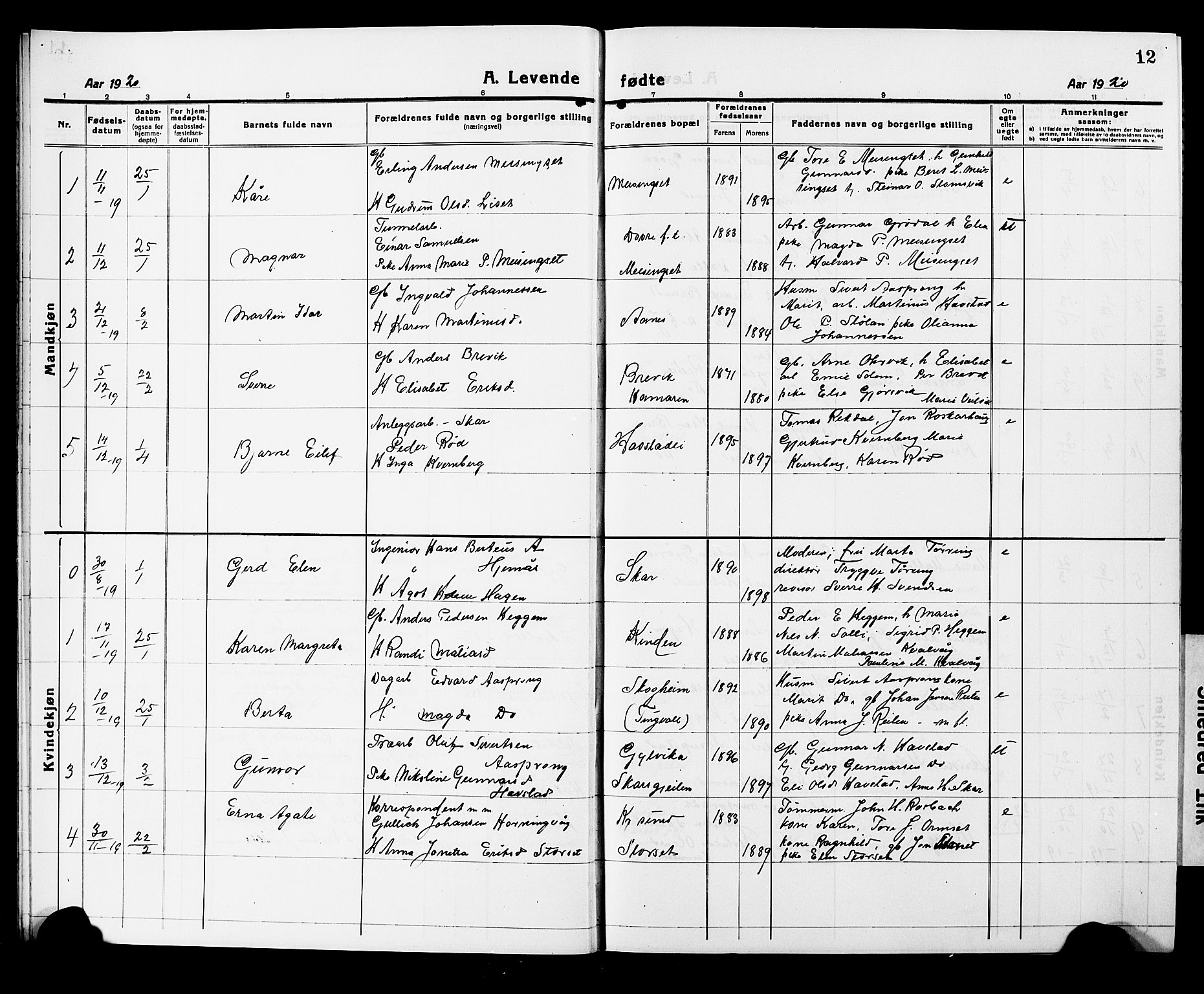 Ministerialprotokoller, klokkerbøker og fødselsregistre - Møre og Romsdal, SAT/A-1454/586/L0994: Klokkerbok nr. 586C05, 1919-1927, s. 12