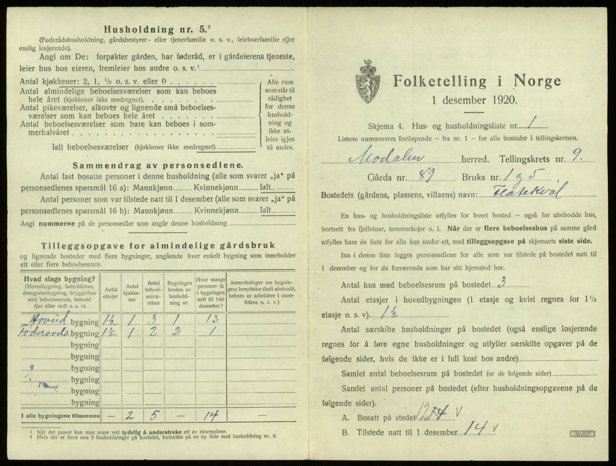 SAB, Folketelling 1920 for 1252 Modalen herred, 1920, s. 229