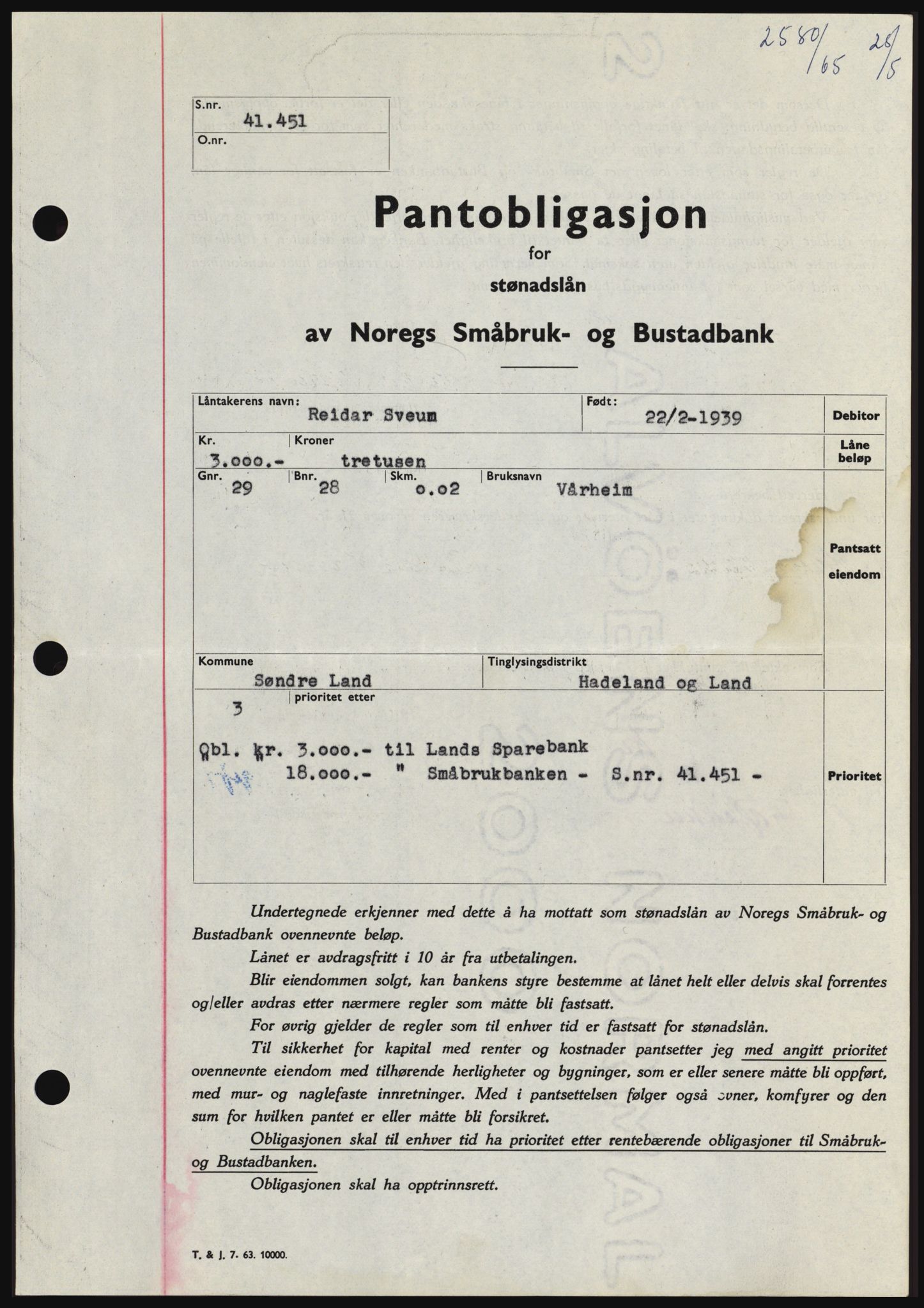 Hadeland og Land tingrett, SAH/TING-010/H/Hb/Hbc/L0059: Pantebok nr. B59, 1965-1965, Dagboknr: 2580/1965