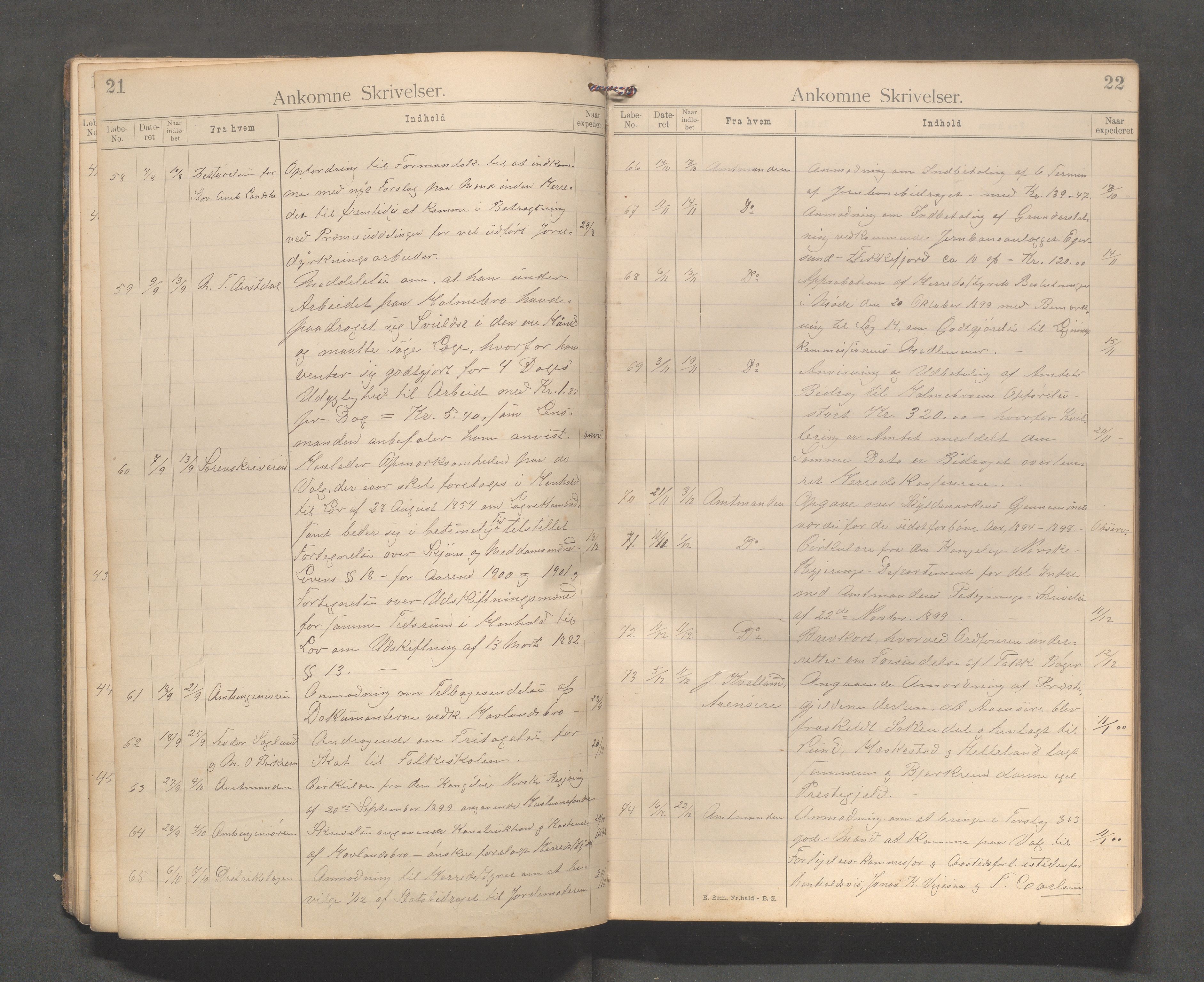 Bjerkreim kommune - Formannskapet/Sentraladministrasjonen, IKAR/K-101531/C/Ca/L0001: Journal, 1896-1911, s. 21-22