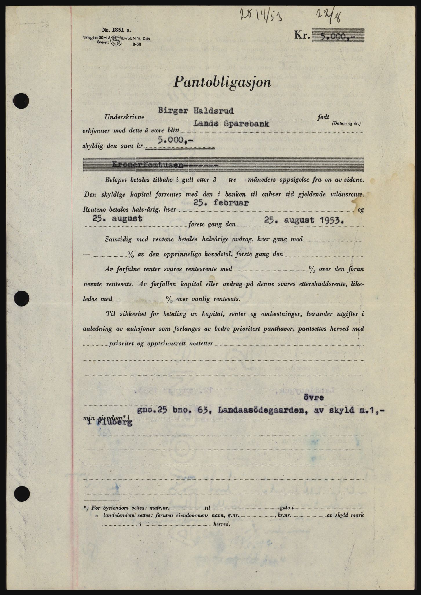 Hadeland og Land tingrett, SAH/TING-010/H/Hb/Hbc/L0027: Pantebok nr. B27, 1953-1953, Dagboknr: 2814/1953