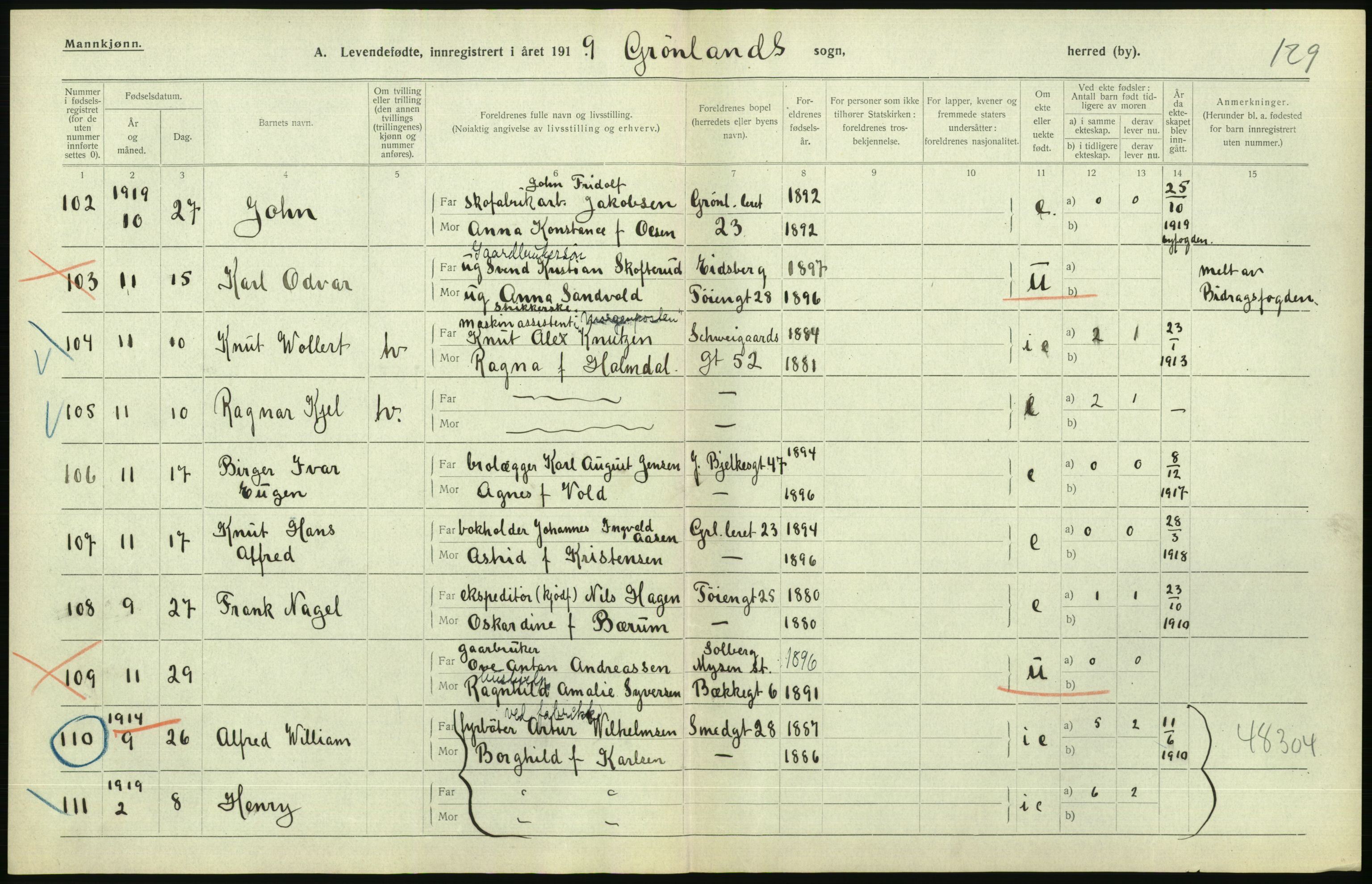 Statistisk sentralbyrå, Sosiodemografiske emner, Befolkning, AV/RA-S-2228/D/Df/Dfb/Dfbi/L0008: Kristiania: Levendefødte menn og kvinner., 1919