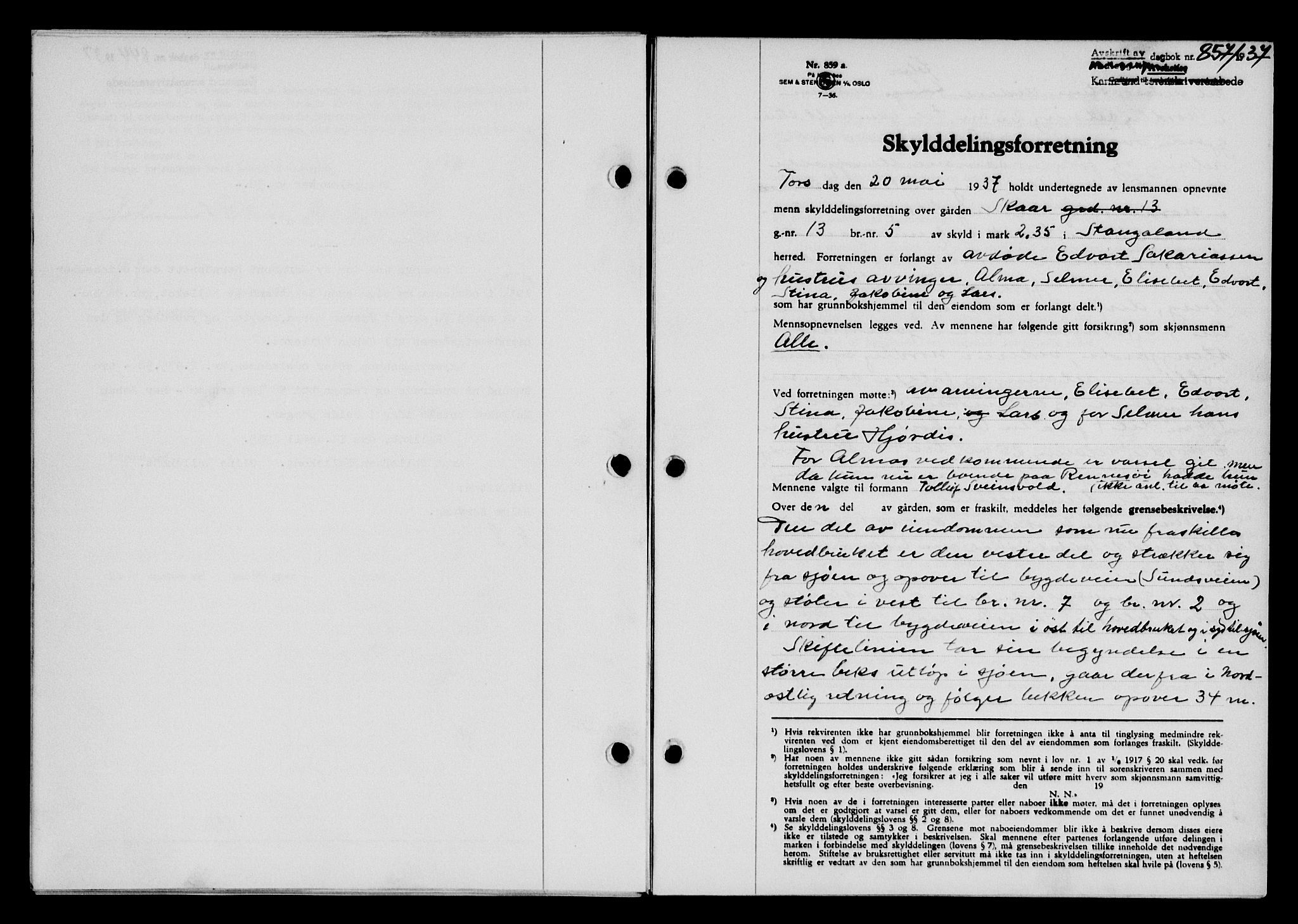 Karmsund sorenskriveri, SAST/A-100311/01/II/IIB/L0068: Pantebok nr. 49A, 1937-1937, Dagboknr: 857/1937