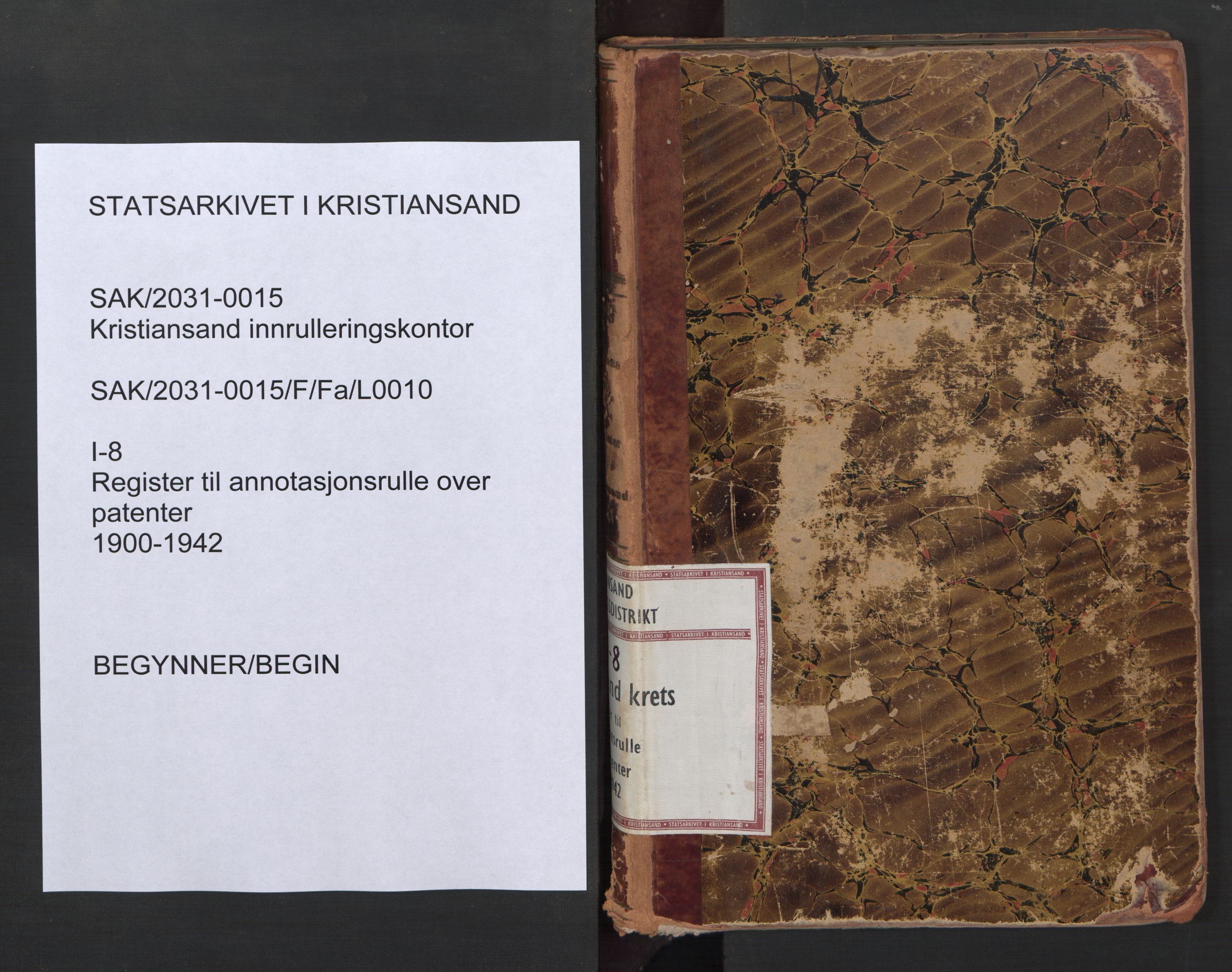 Kristiansand mønstringskrets, SAK/2031-0015/F/Fa/L0010: Register til annotasjonsrulle over patenter, I-8, 1900-1942, s. 1