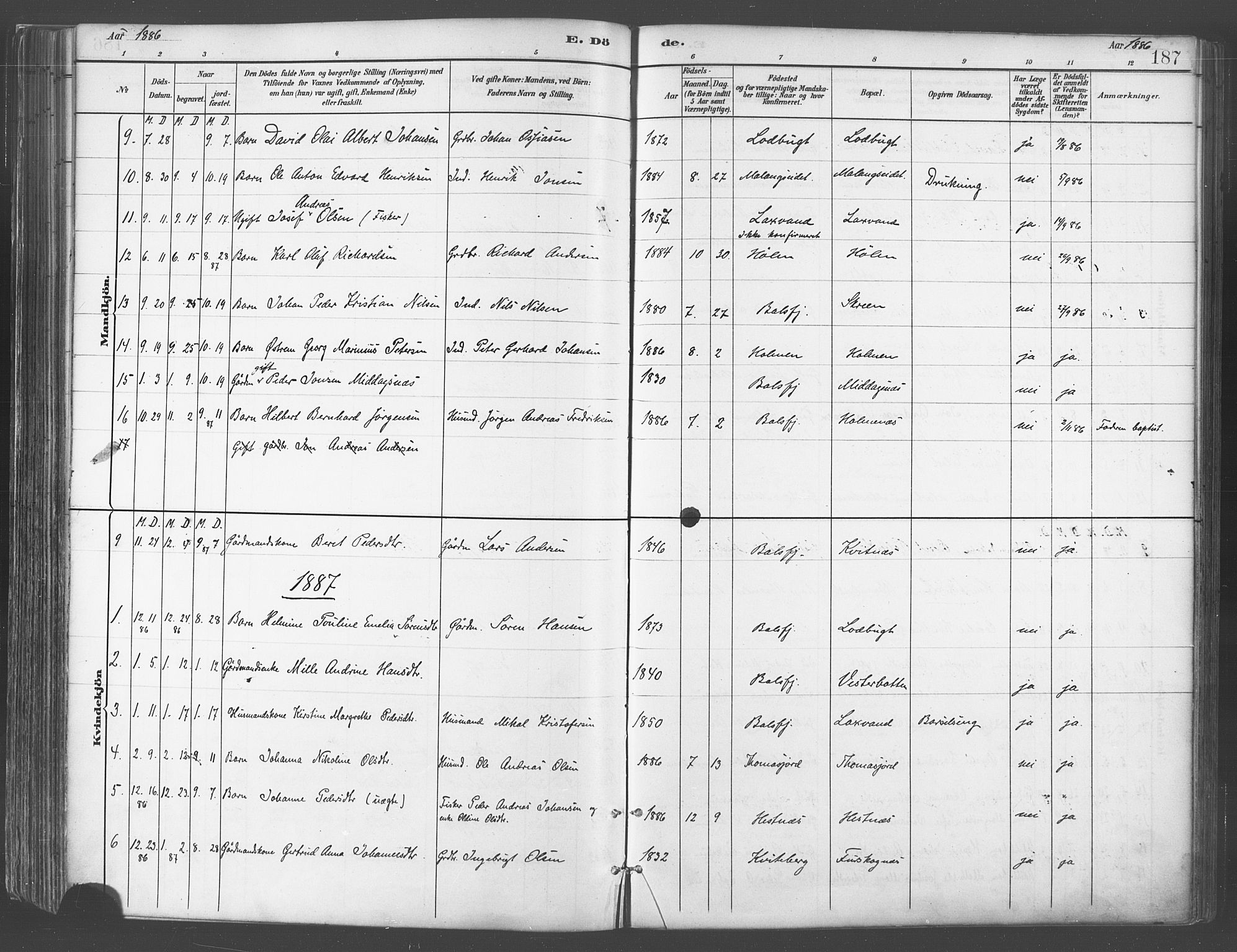 Balsfjord sokneprestembete, AV/SATØ-S-1303/G/Gaa/L0005kirke: Ministerialbok nr. 5, 1884-1897, s. 187
