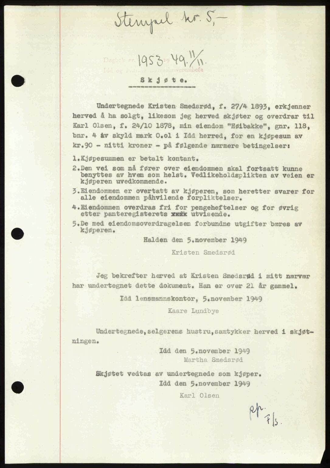Idd og Marker sorenskriveri, SAO/A-10283/G/Gb/Gbb/L0013: Pantebok nr. A13, 1949-1950, Dagboknr: 1953/1949