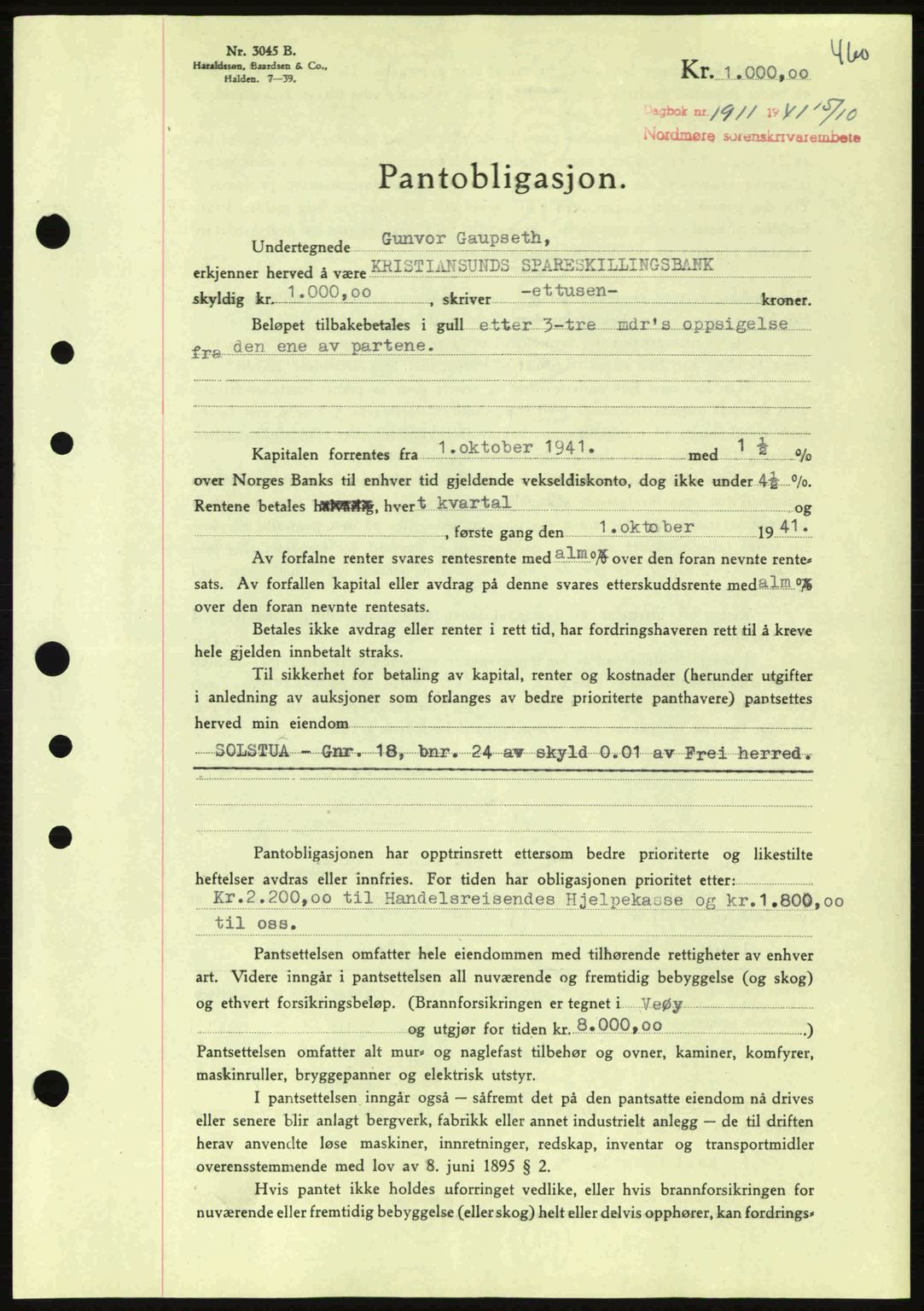 Nordmøre sorenskriveri, SAT/A-4132/1/2/2Ca: Pantebok nr. B88, 1941-1942, Dagboknr: 1911/1941