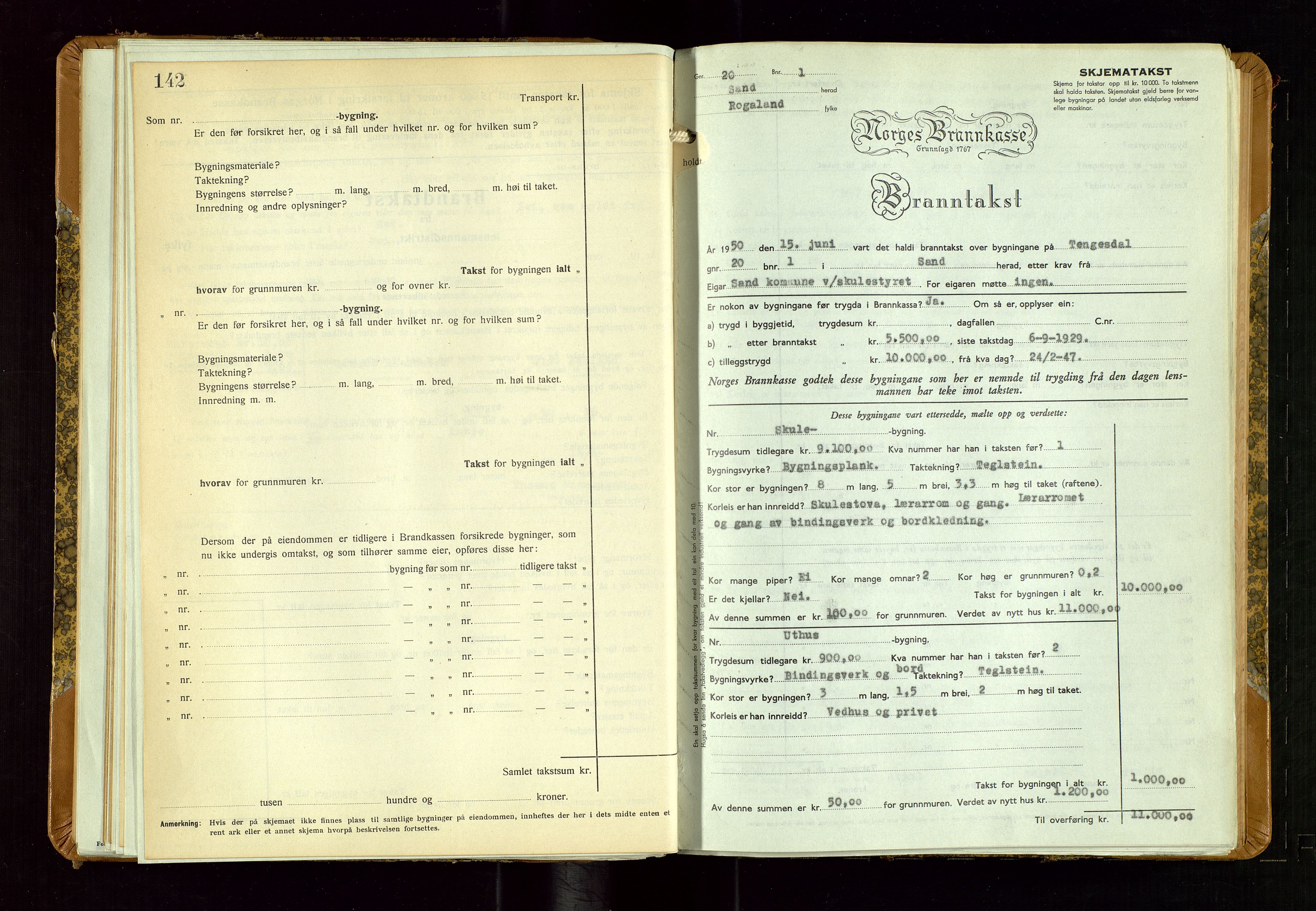 Sand lensmannskontor, SAST/A-100415/Goc/L0002: "Brandtaxationsprotokol", 1936-1952, s. 142-143