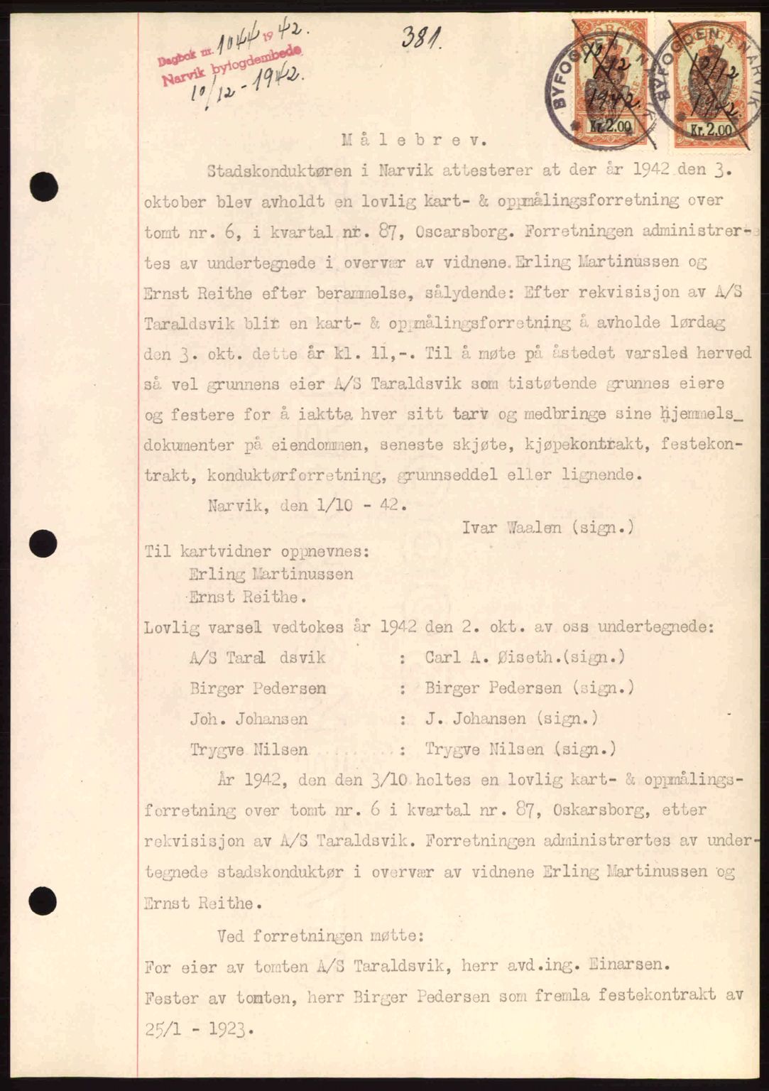 Narvik sorenskriveri, SAT/A-0002/1/2/2C/2Ca: Pantebok nr. A19, 1942-1943, Dagboknr: 1044/1942