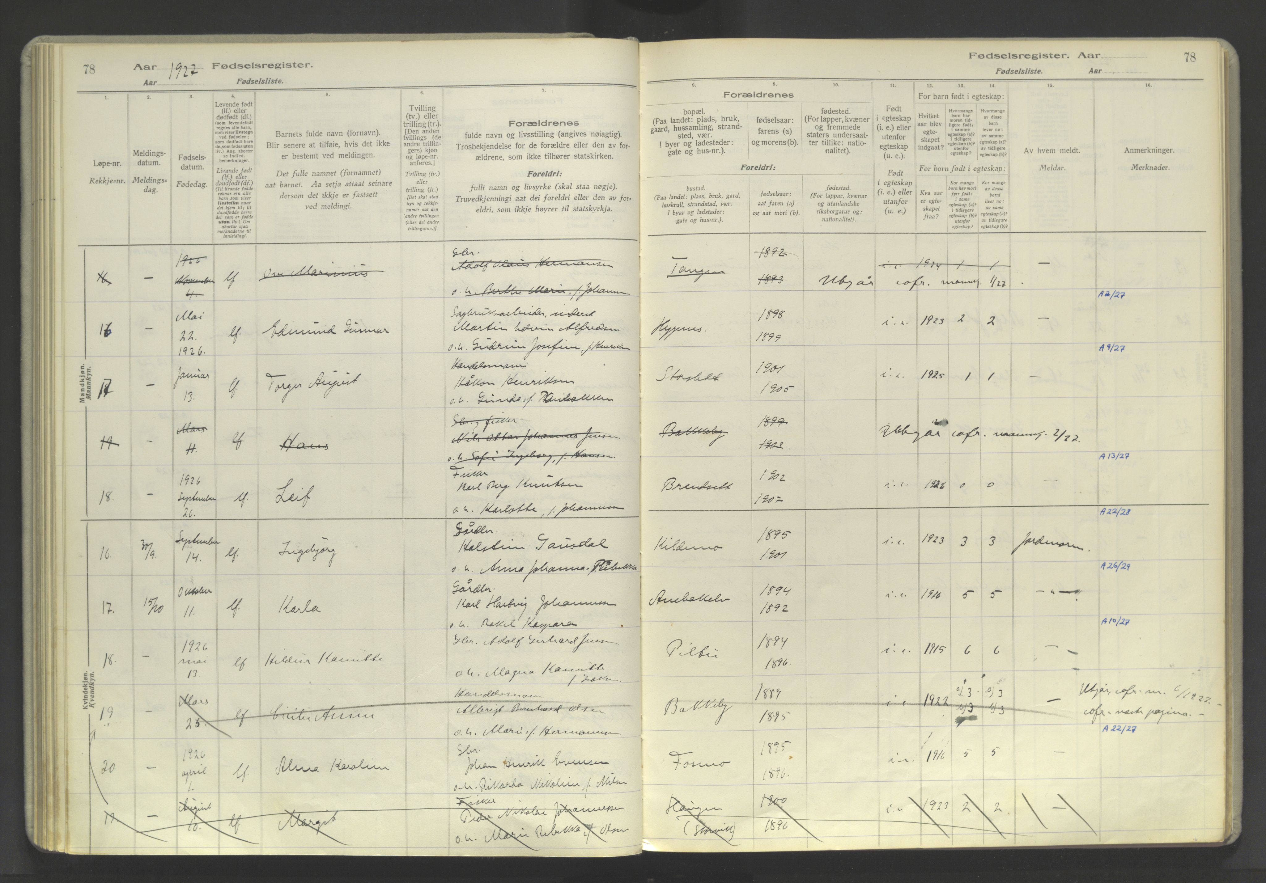 Skjervøy sokneprestkontor, AV/SATØ-S-1300/I/Ia/L0060: Fødselsregister nr. 60, 1916-1947, s. 78