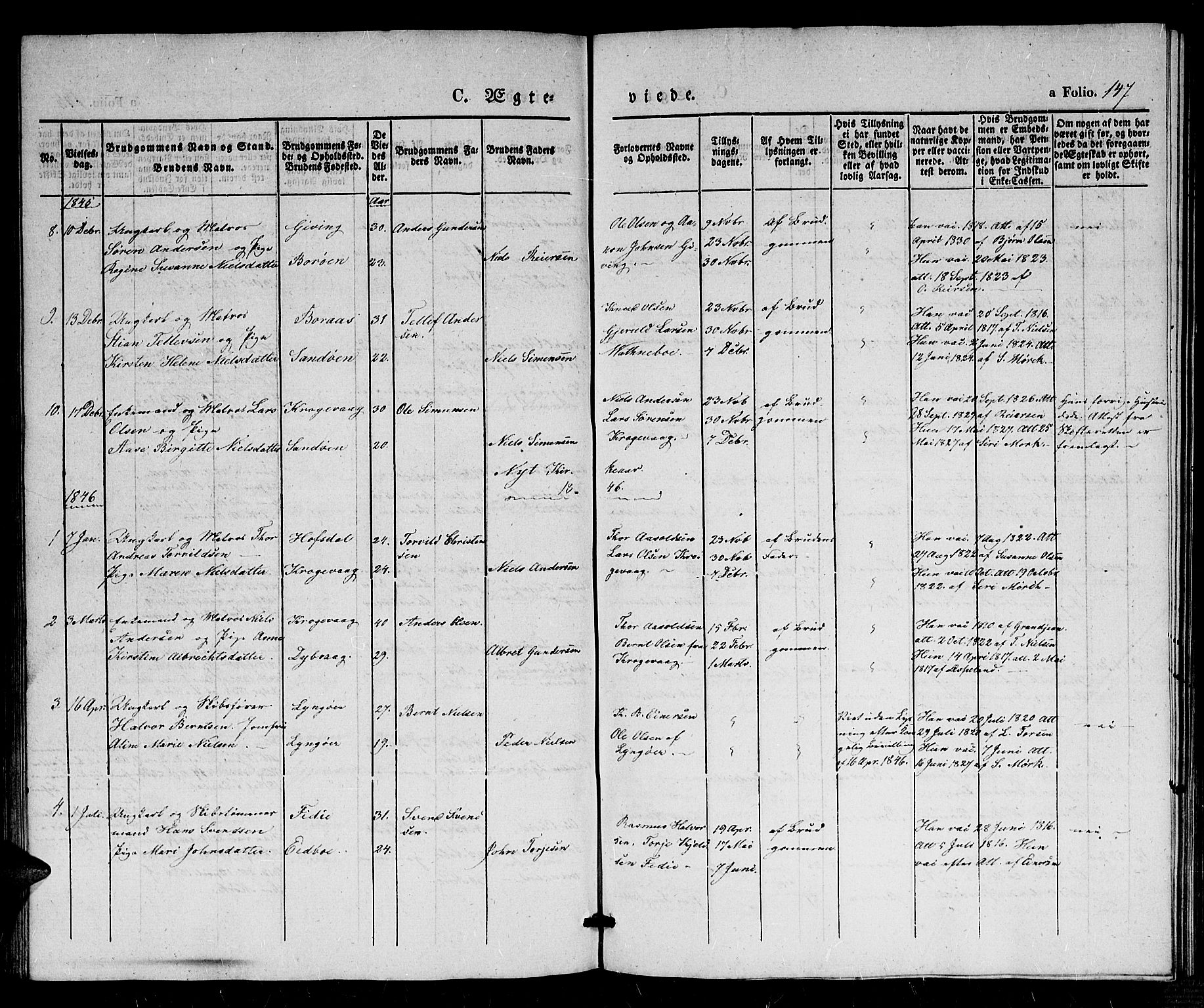 Dypvåg sokneprestkontor, SAK/1111-0007/F/Fb/Fba/L0010: Klokkerbok nr. B 10, 1842-1857, s. 147