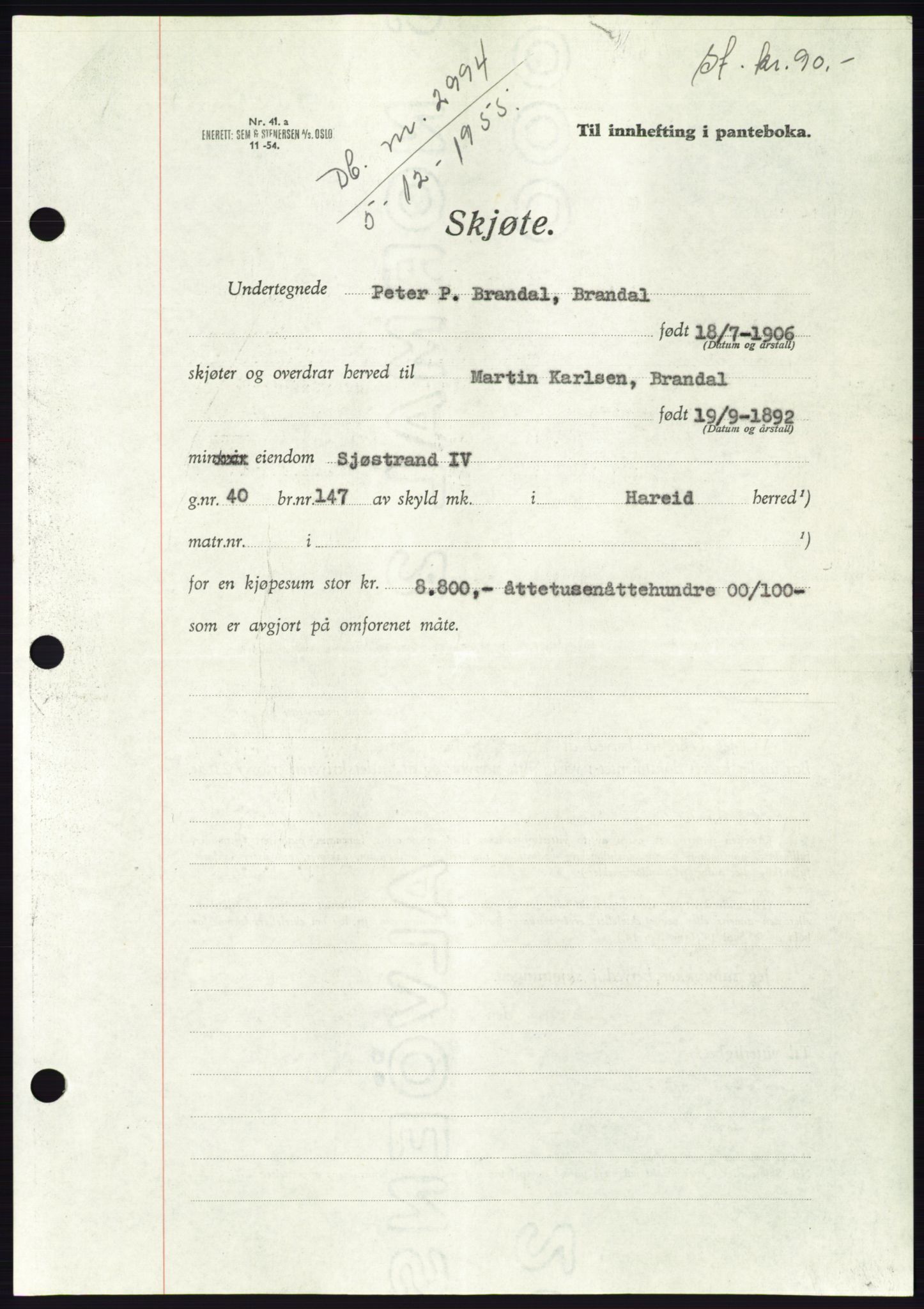 Søre Sunnmøre sorenskriveri, SAT/A-4122/1/2/2C/L0102: Pantebok nr. 28A, 1955-1956, Dagboknr: 2994/1955