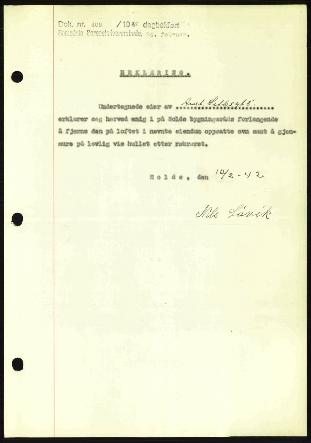 Romsdal sorenskriveri, SAT/A-4149/1/2/2C: Pantebok nr. B2, 1939-1945, Dagboknr: 406/1942