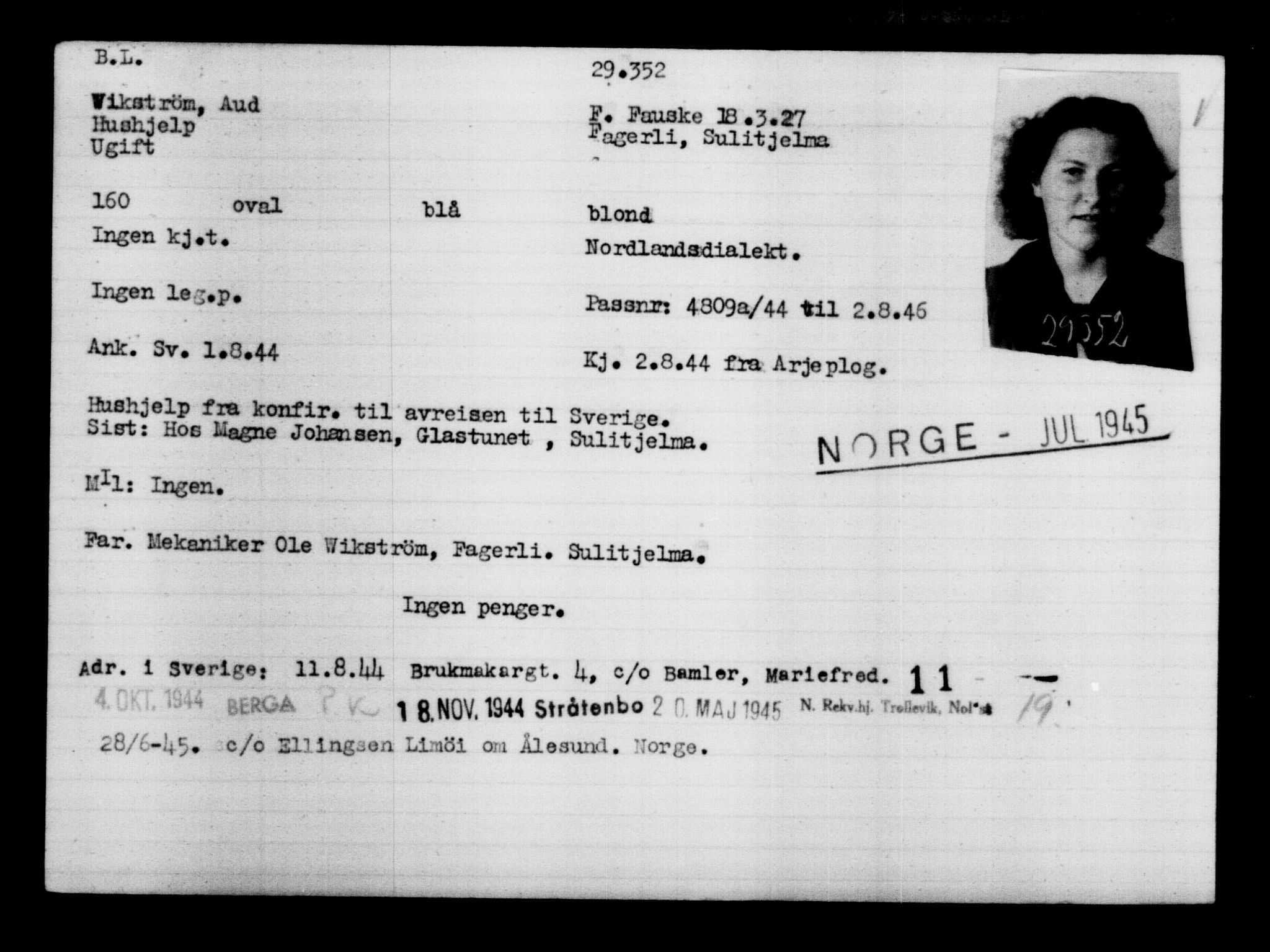 Utenriksstasjonene, Legasjonen i Stockholm, Flyktningkontoret, AV/RA-S-6753/V/Va/L0012: Kjesäterkartoteket, flyktninger med registreringsnr. 28300-31566, 1940-1945, s. 1154