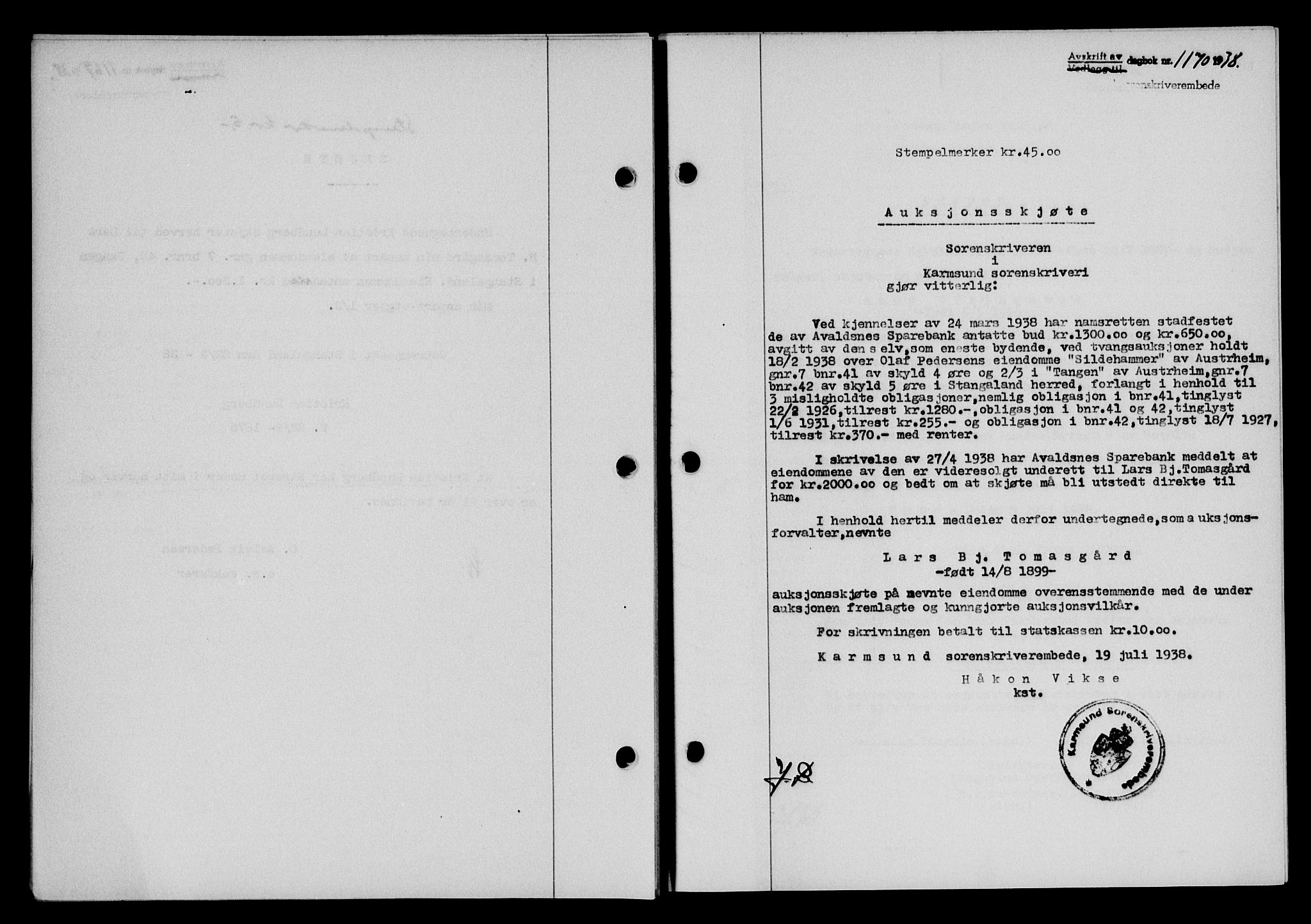 Karmsund sorenskriveri, SAST/A-100311/01/II/IIB/L0069: Pantebok nr. 50A, 1937-1938, Dagboknr: 1170/1938