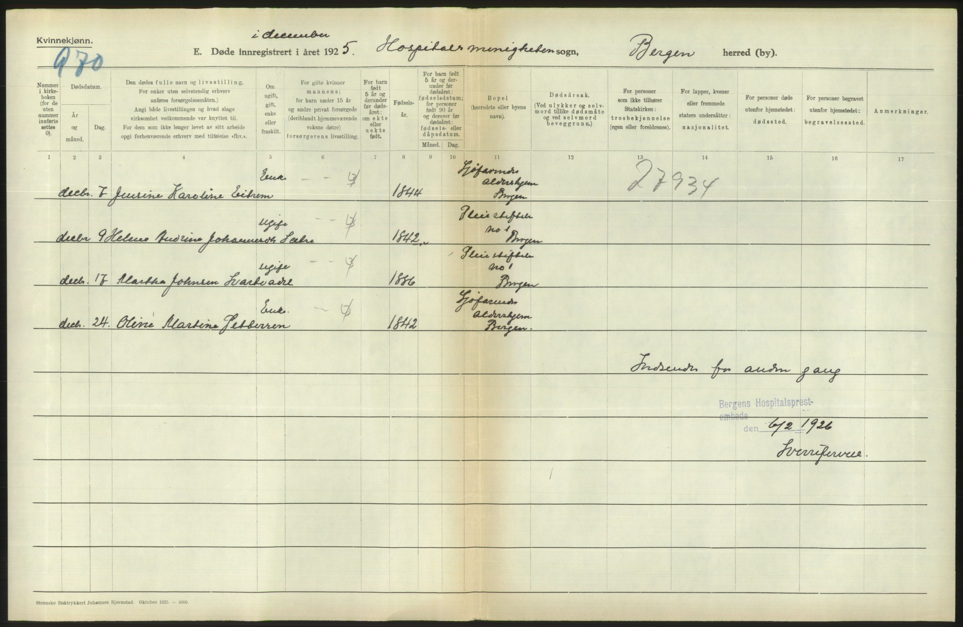 Statistisk sentralbyrå, Sosiodemografiske emner, Befolkning, RA/S-2228/D/Df/Dfc/Dfce/L0029: Bergen: Gifte, døde., 1925, s. 786