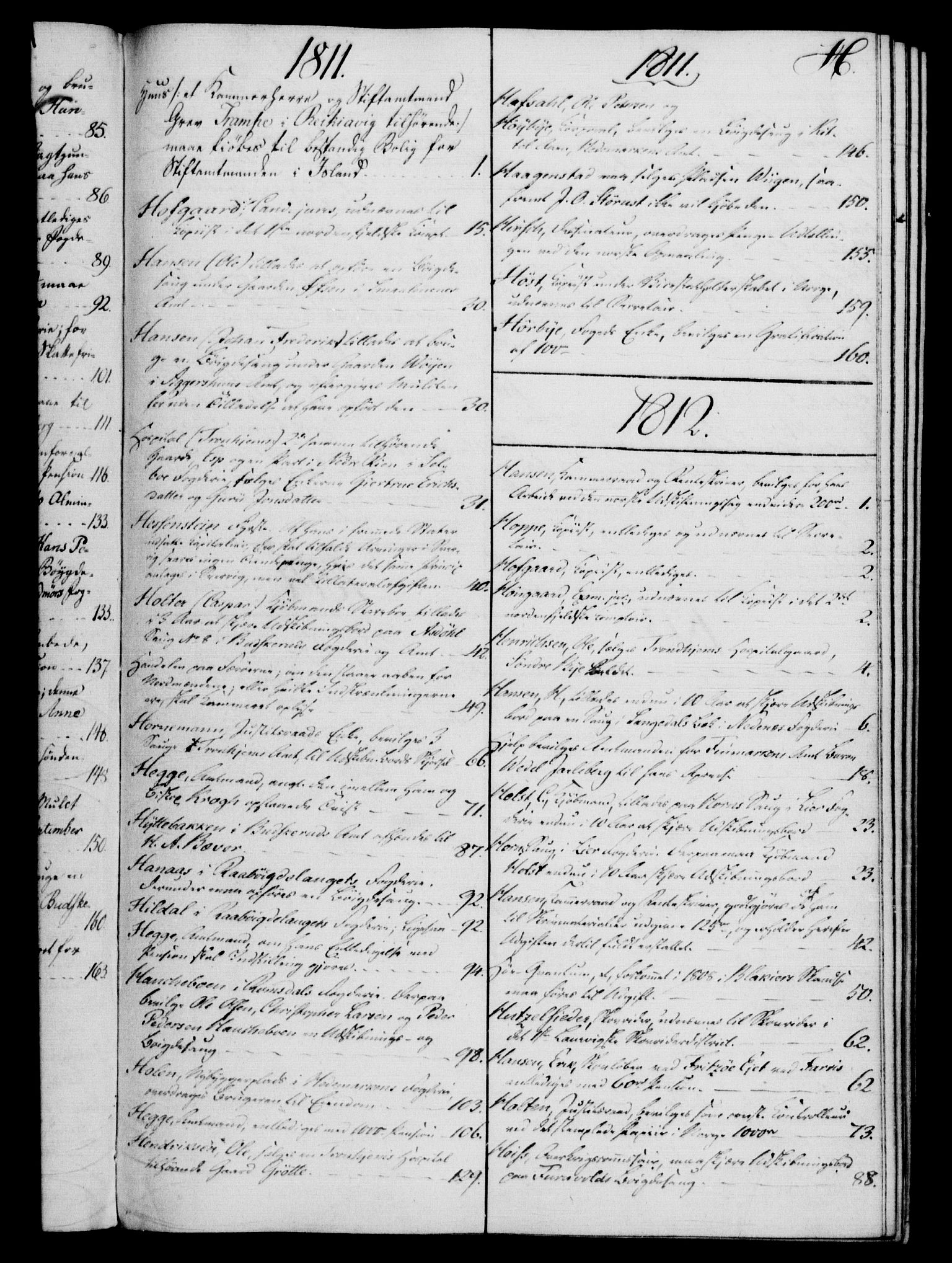 Rentekammeret, Kammerkanselliet, RA/EA-3111/G/Gf/Gfb/L0016: Register til norske relasjons- og resolusjonsprotokoller (merket RK 52.111), 1801-1814, s. 86