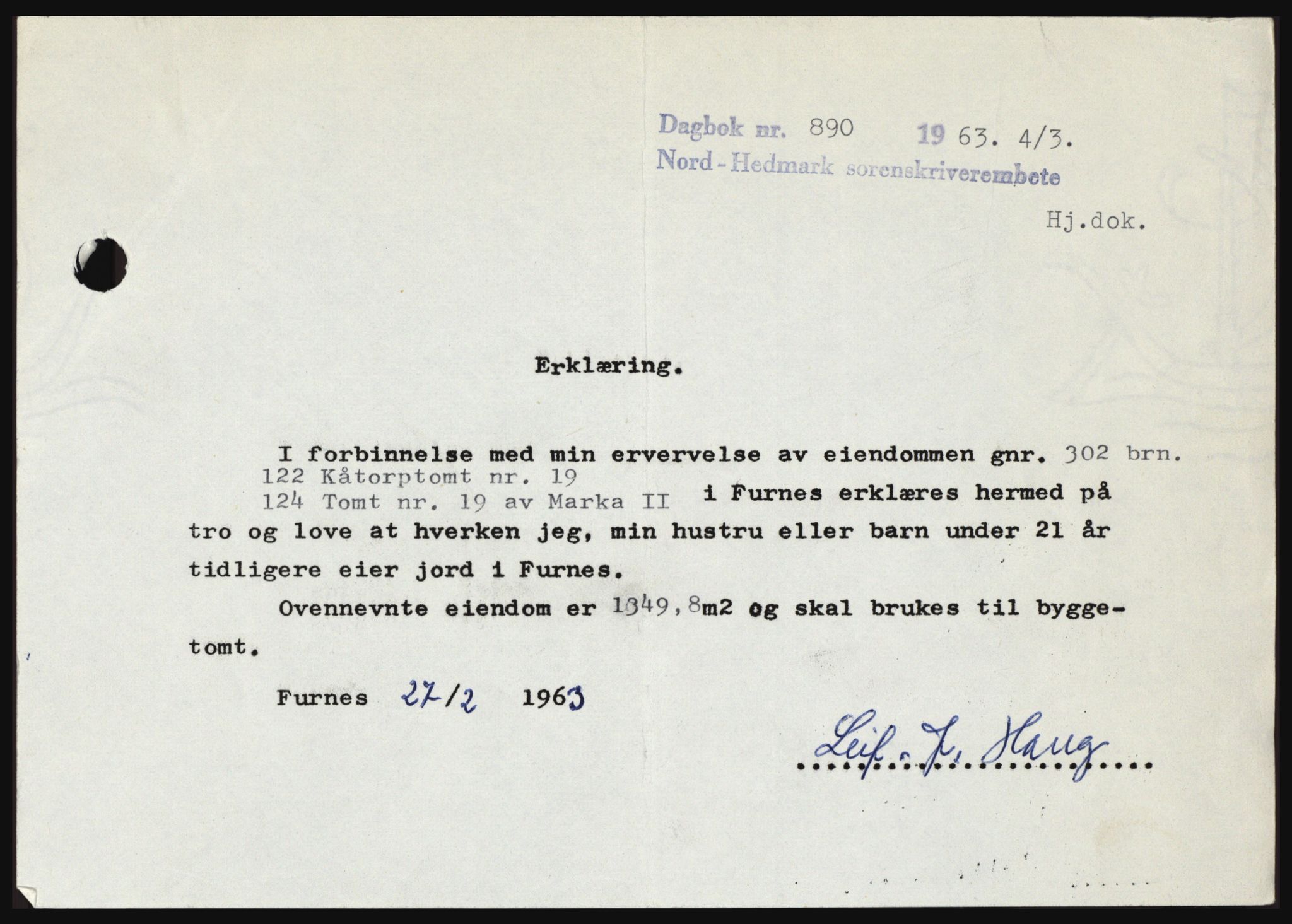 Nord-Hedmark sorenskriveri, SAH/TING-012/H/Hc/L0017: Pantebok nr. 17, 1962-1963, Dagboknr: 890/1963