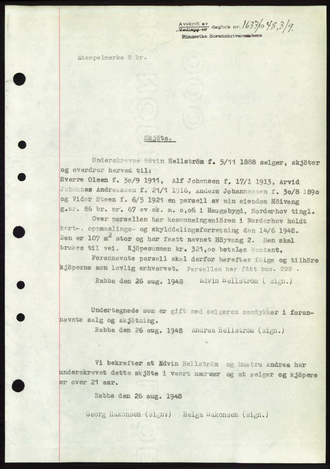 Ringerike sorenskriveri, SAKO/A-105/G/Ga/Gab/L0088: Pantebok nr. A-19, 1948-1948, Dagboknr: 1637/1948