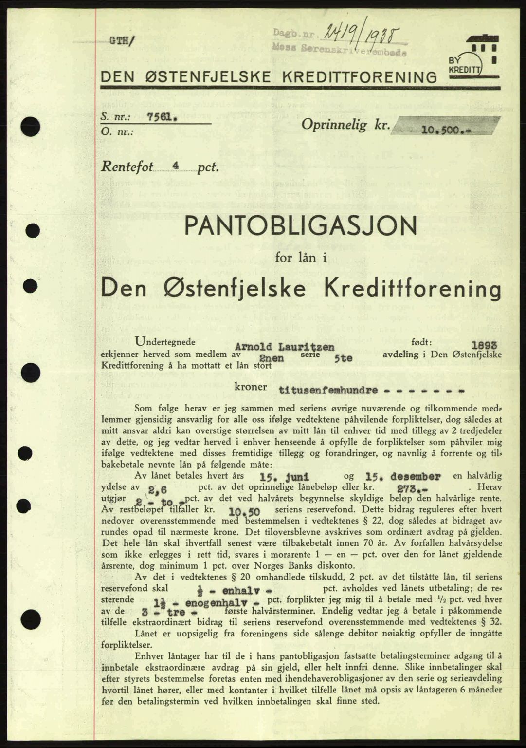 Moss sorenskriveri, SAO/A-10168: Pantebok nr. B6, 1938-1938, Dagboknr: 2419/1938
