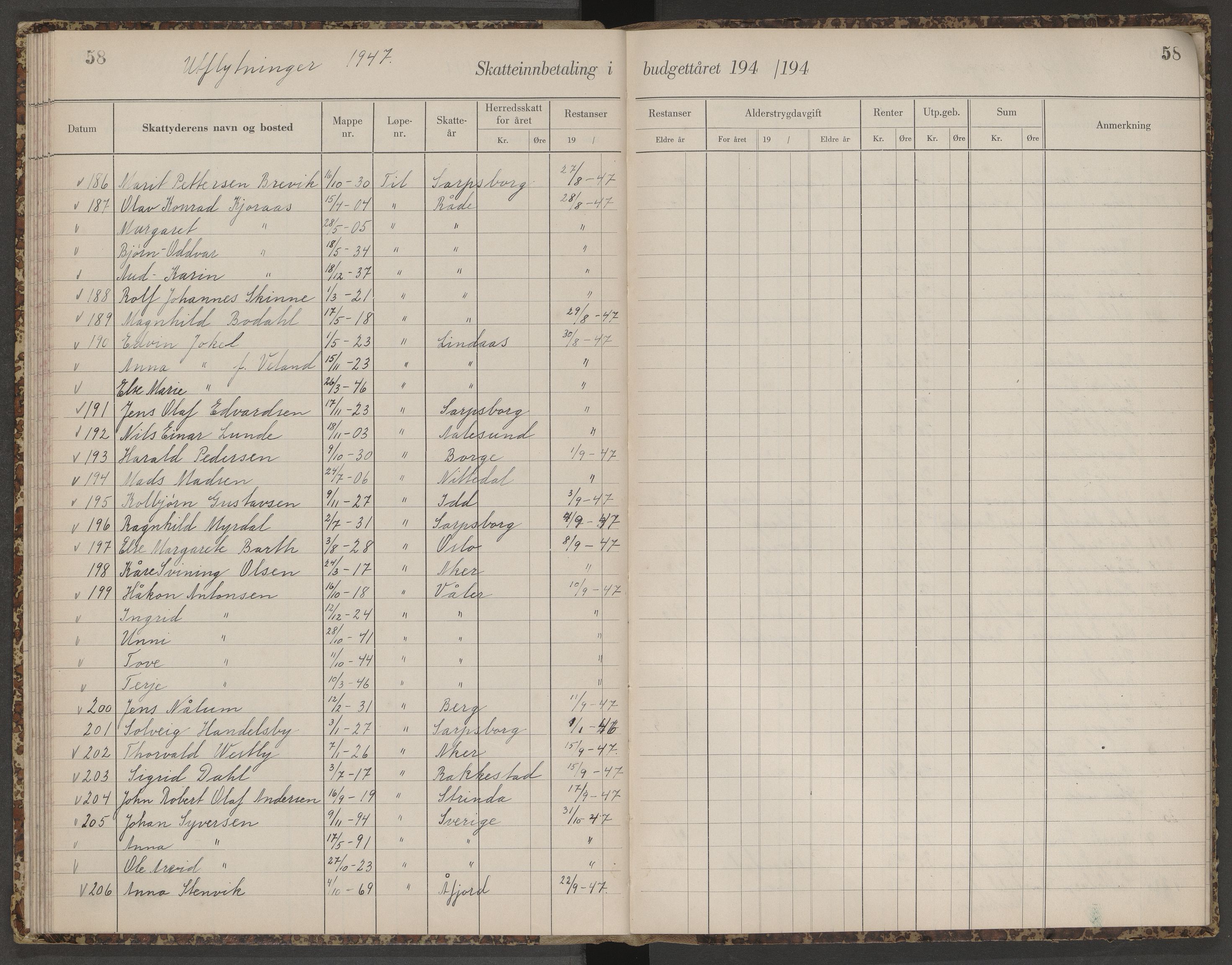 Skjeberg folkeregister, AV/SAO-A-10495/K/Ka/L0003: Fortegnelse over inn- og utflyttede, 1943-1947, s. 58