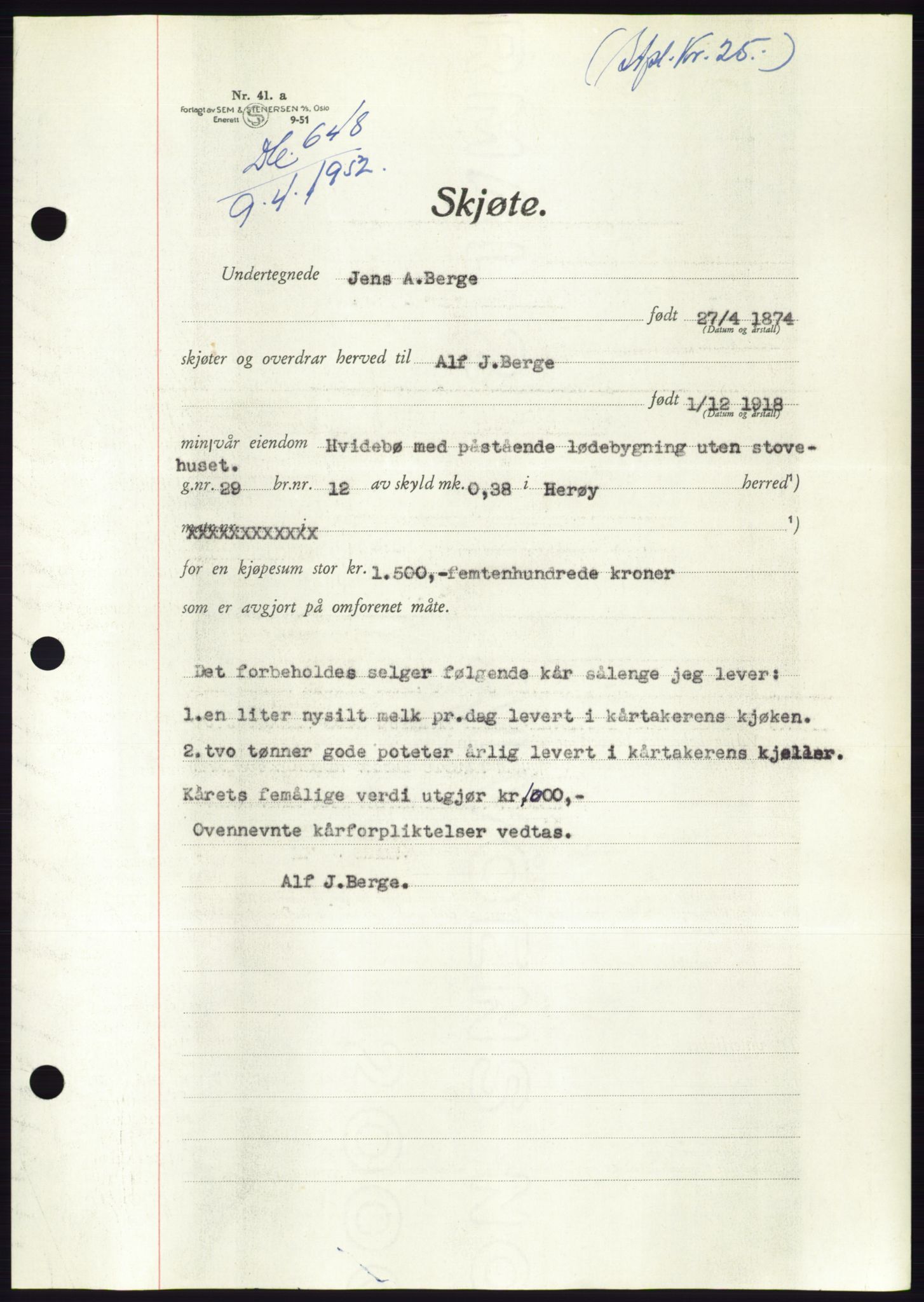 Søre Sunnmøre sorenskriveri, SAT/A-4122/1/2/2C/L0091: Pantebok nr. 17A, 1951-1952, Dagboknr: 648/1952