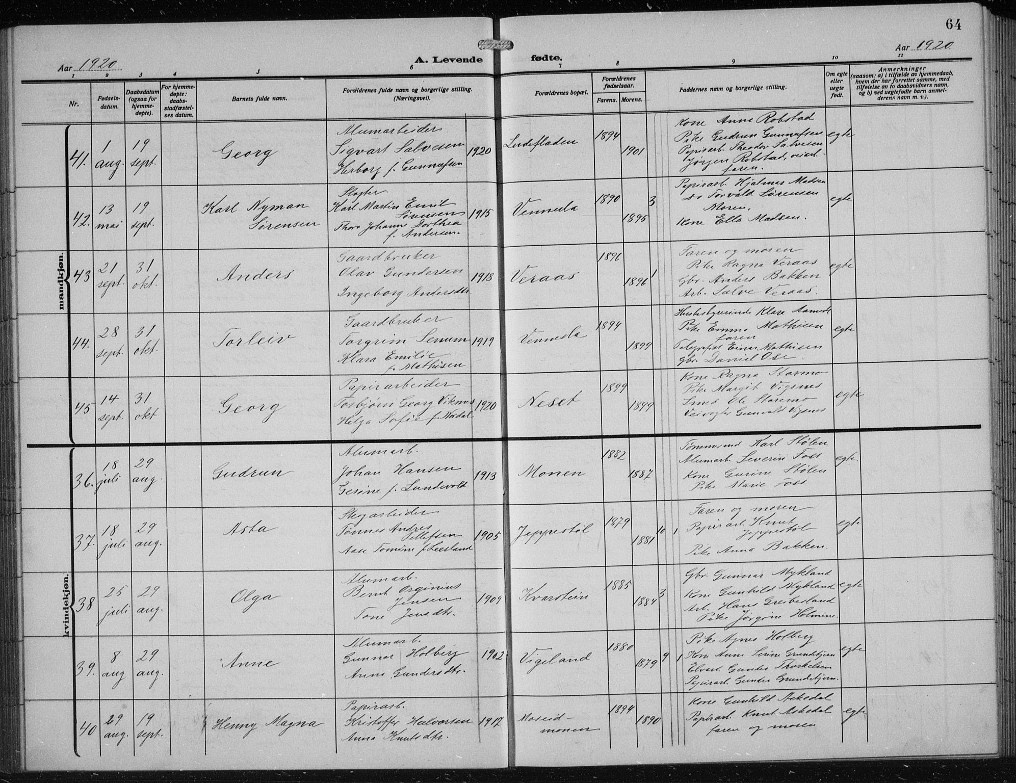 Vennesla sokneprestkontor, AV/SAK-1111-0045/Fb/Fbb/L0006: Klokkerbok nr. B 6, 1914-1921, s. 64