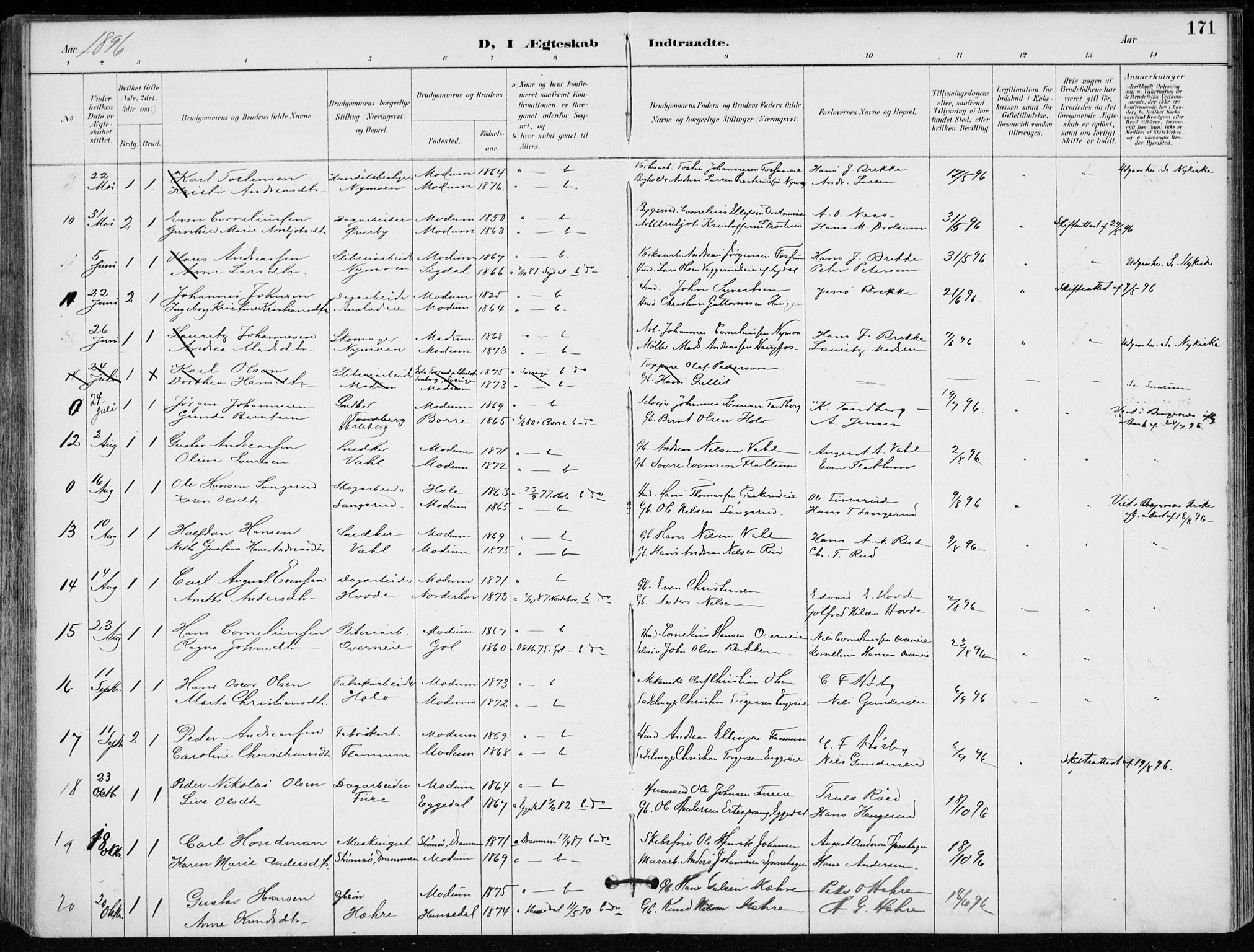 Modum kirkebøker, AV/SAKO-A-234/F/Fa/L0012: Ministerialbok nr. 12, 1890-1898, s. 171