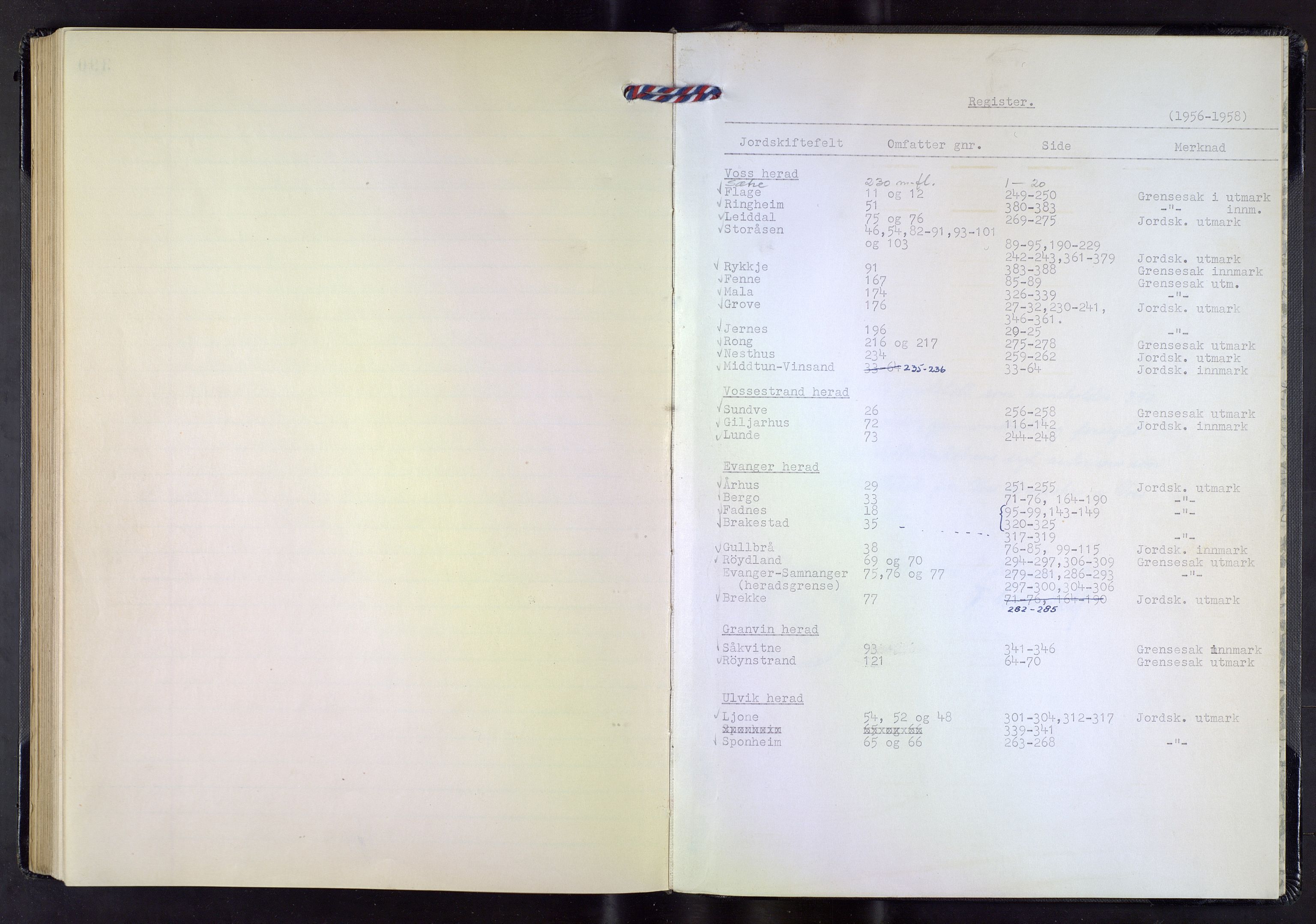 Hordaland jordskiftedøme - V Voss jordskiftedistrikt, AV/SAB-A-7201/A/Aa/L0036: Forhandlingsprotokoll, 1956-1958