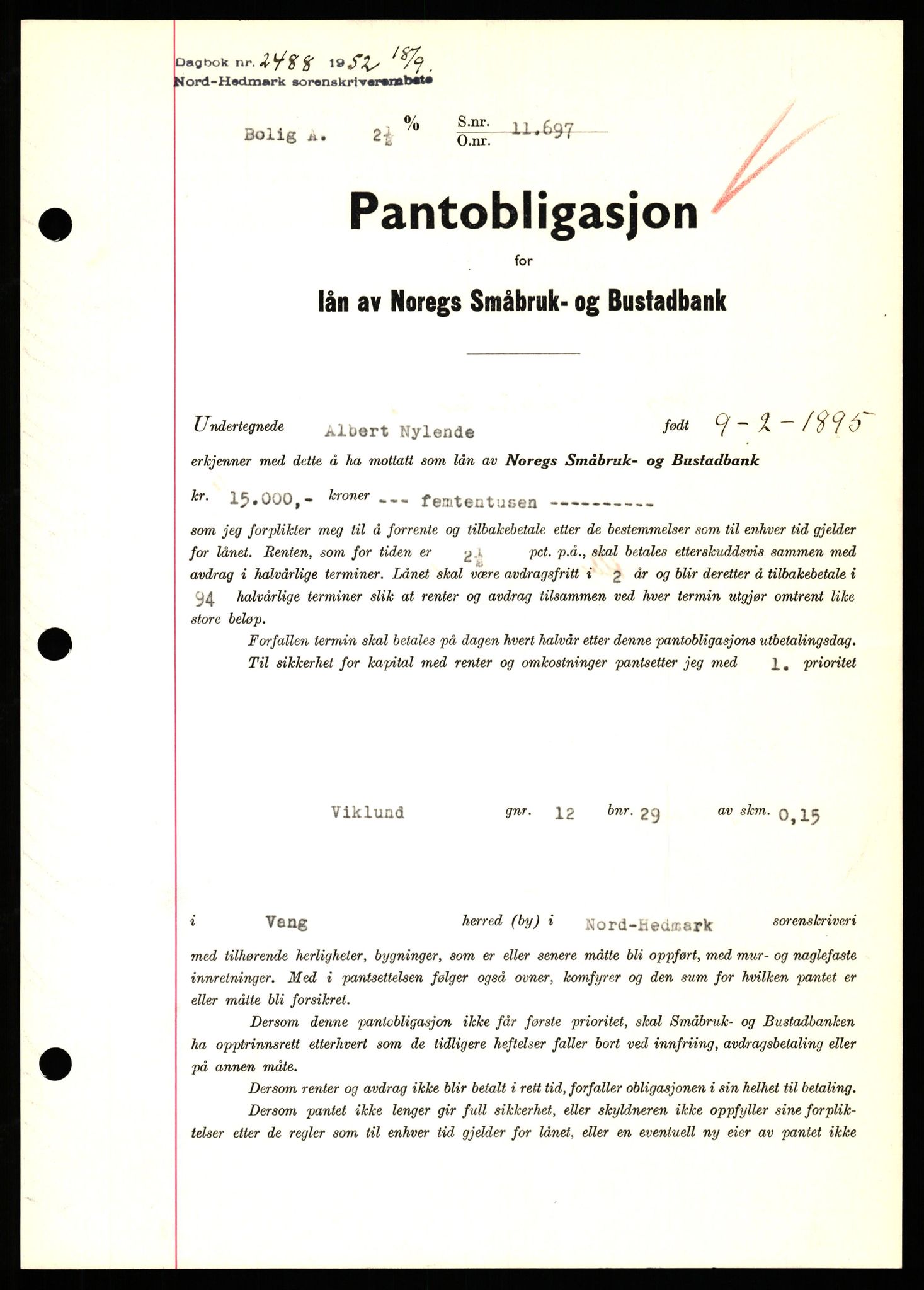 Nord-Hedmark sorenskriveri, SAH/TING-012/H/Hb/Hbf/L0025: Pantebok nr. B25, 1952-1952, Dagboknr: 2488/1952