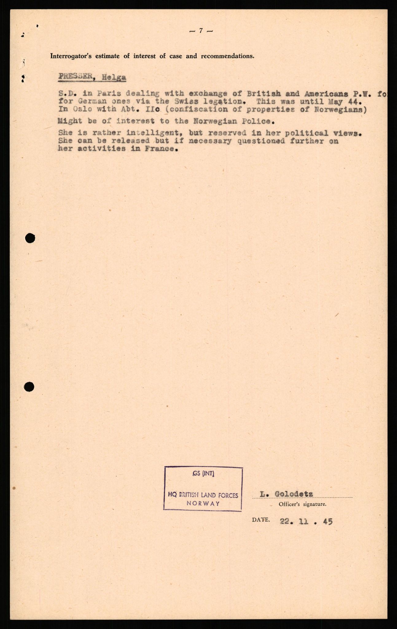 Forsvaret, Forsvarets overkommando II, AV/RA-RAFA-3915/D/Db/L0026: CI Questionaires. Tyske okkupasjonsstyrker i Norge. Tyskere., 1945-1946, s. 338