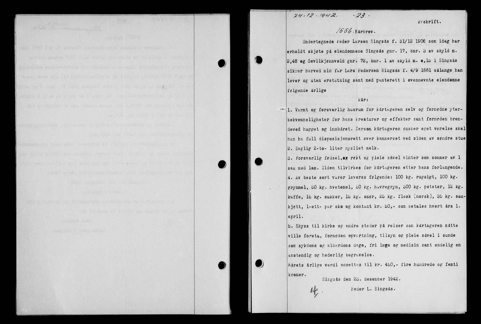 Gauldal sorenskriveri, SAT/A-0014/1/2/2C/L0056: Pantebok nr. 61, 1942-1943, Dagboknr: 1556/1942